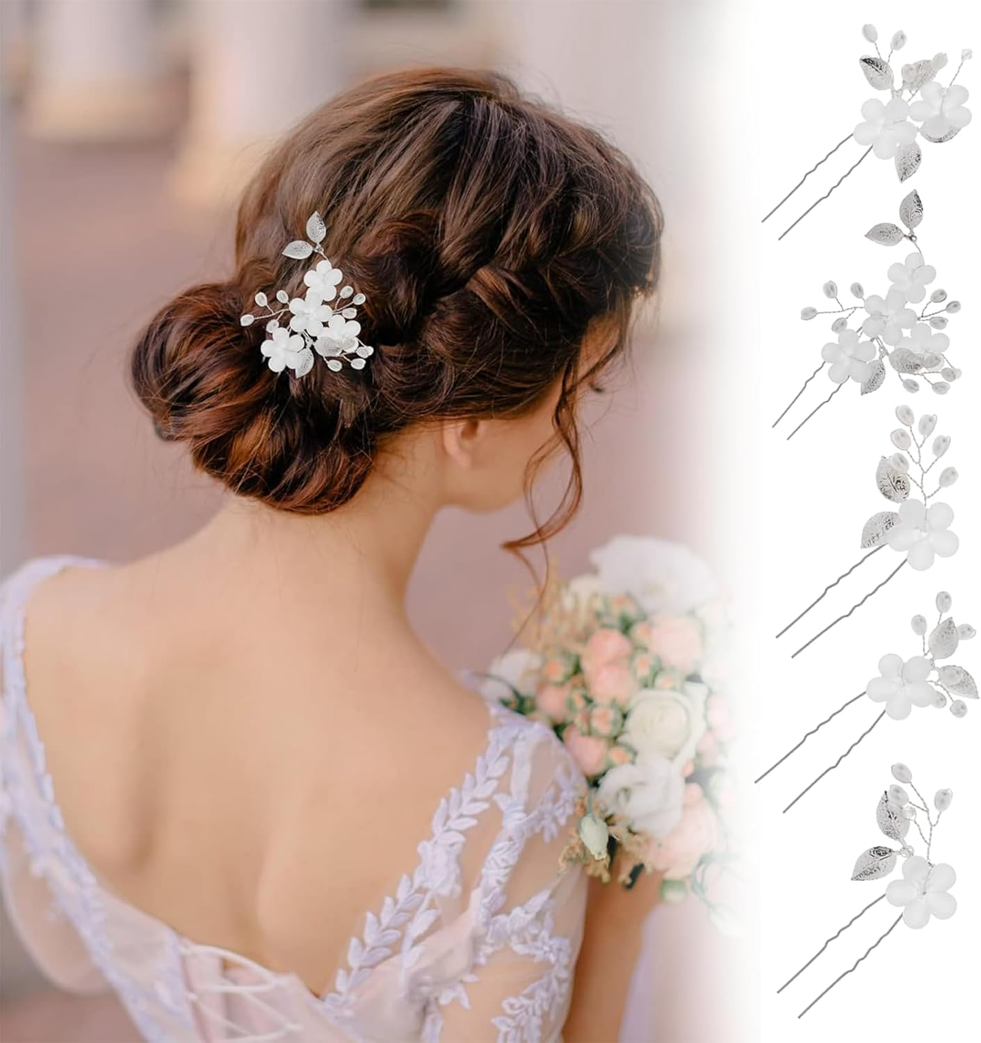 Bridal Wedding Flower Hair Pins Xlwen Pack of 5 Bridal Hair Accessories, U-Shaped Bridal Pearls Hair Pins, Hair Accessories, Wedding Set for Bride and Bridesmaid (Silver)