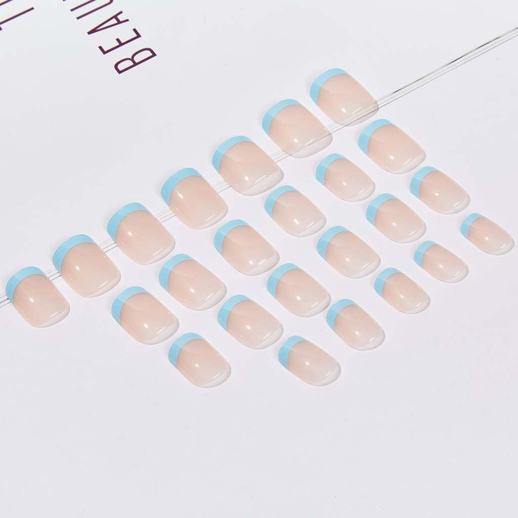 Rikview Press on Nails French Tip Nails Oval Nail Tips Glossy Fake Nails False Nails with Design Full Cover Acrylic Nails (Blue) image number 6