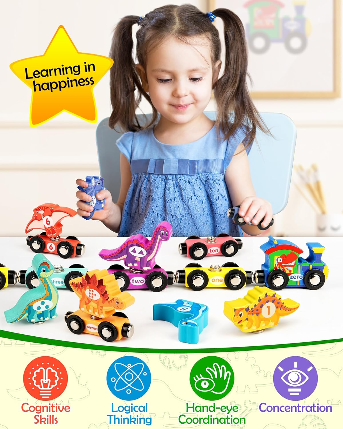 Vanmor Wooden Train Set with Dinosaur Toys - Educational Toddler Matching and Magnetic Number Train Learning Toys for Kids Ages 3-5 image number 1