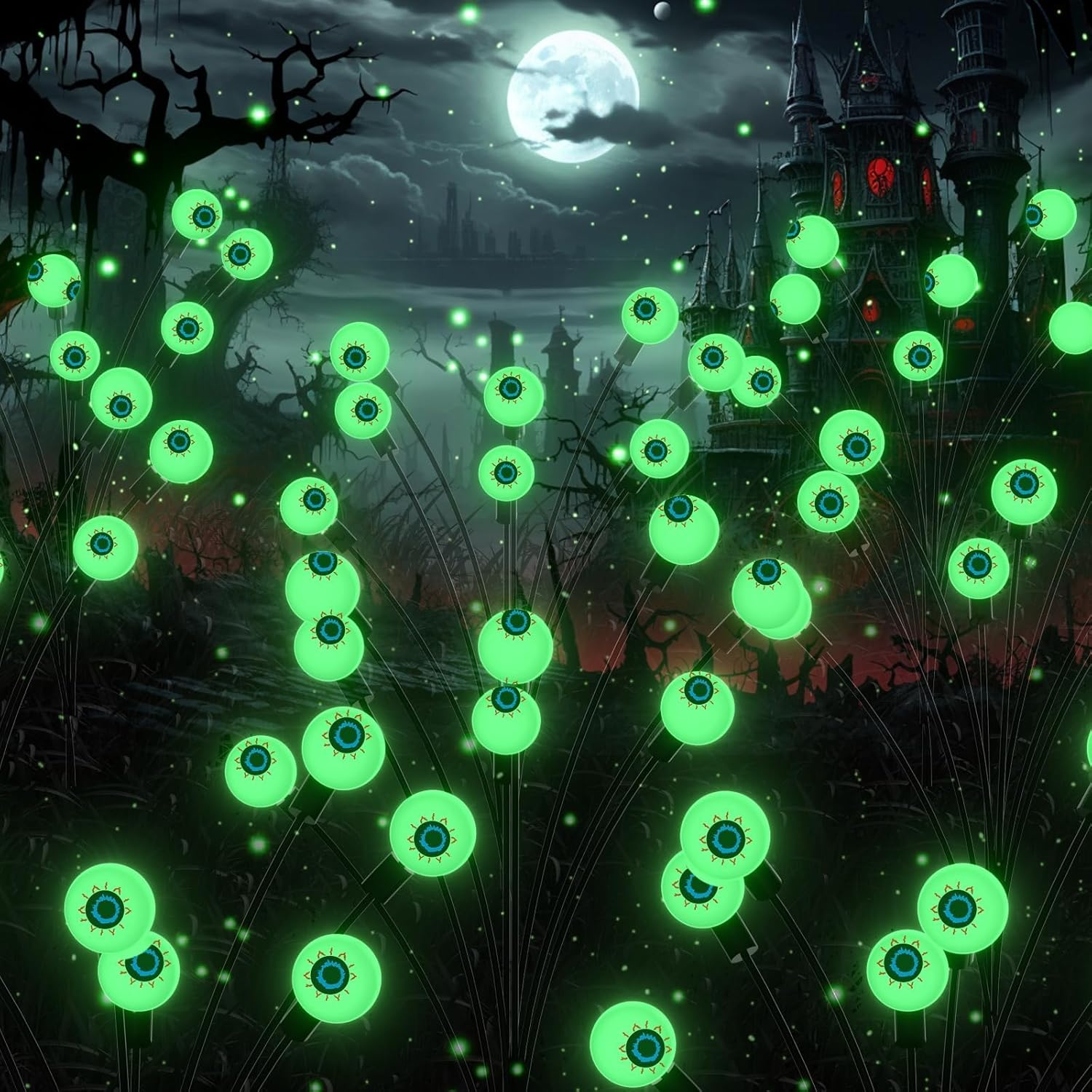 Augshy Halloween Decorations Outdoor, 2 Pack 16LED Solar Eyeball Pathway Lights, Scary Waterproof Solar Green Firefly Lights for Garden Lawn Yard Decor image number 4