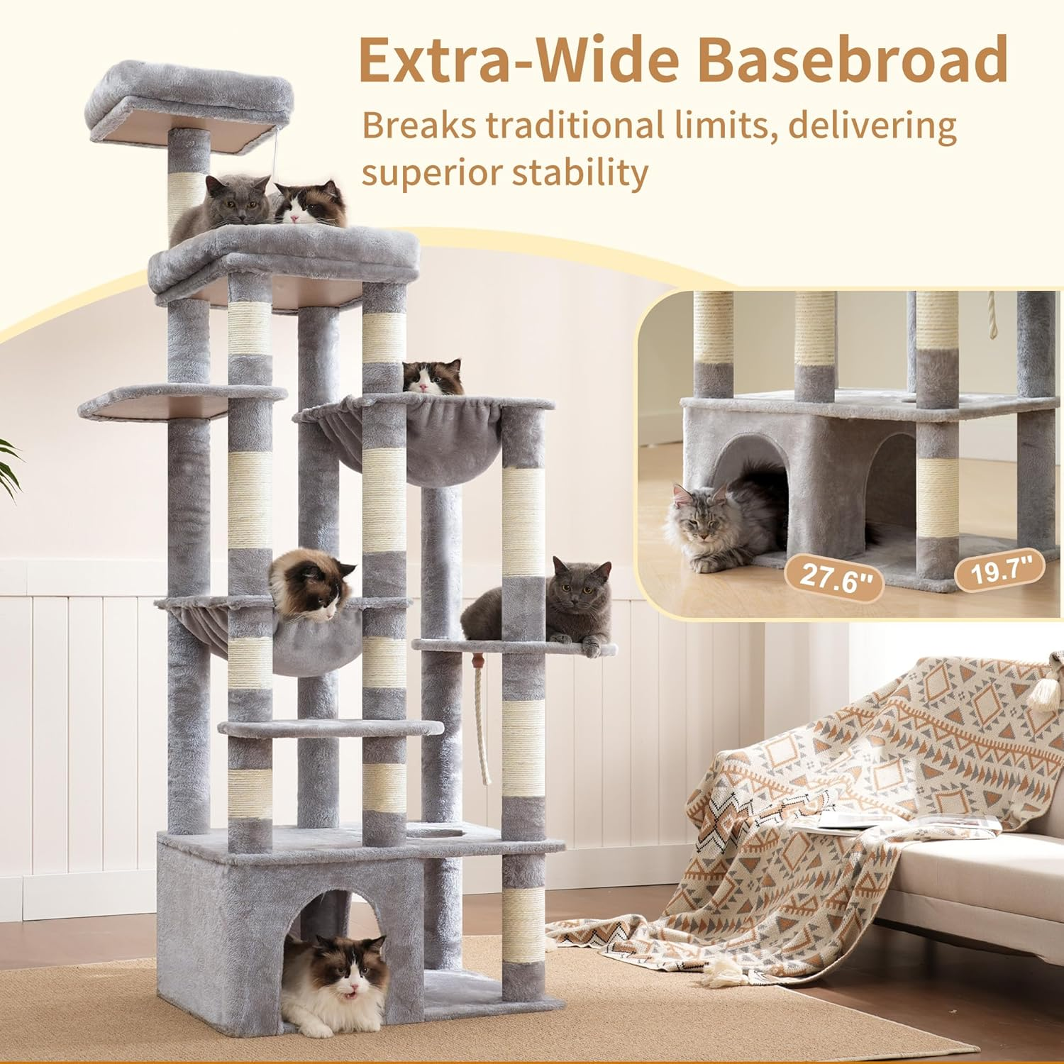 Heybly Cat Tree, 180Cm Tall Cat Tower for Large Maine Coon Cats with Extra-Large Baseboard, Cat Condo Furniture with Multi-Level Platforms, 2 Hammocks and 12 Scratching Posts, Light Gray HCT037W