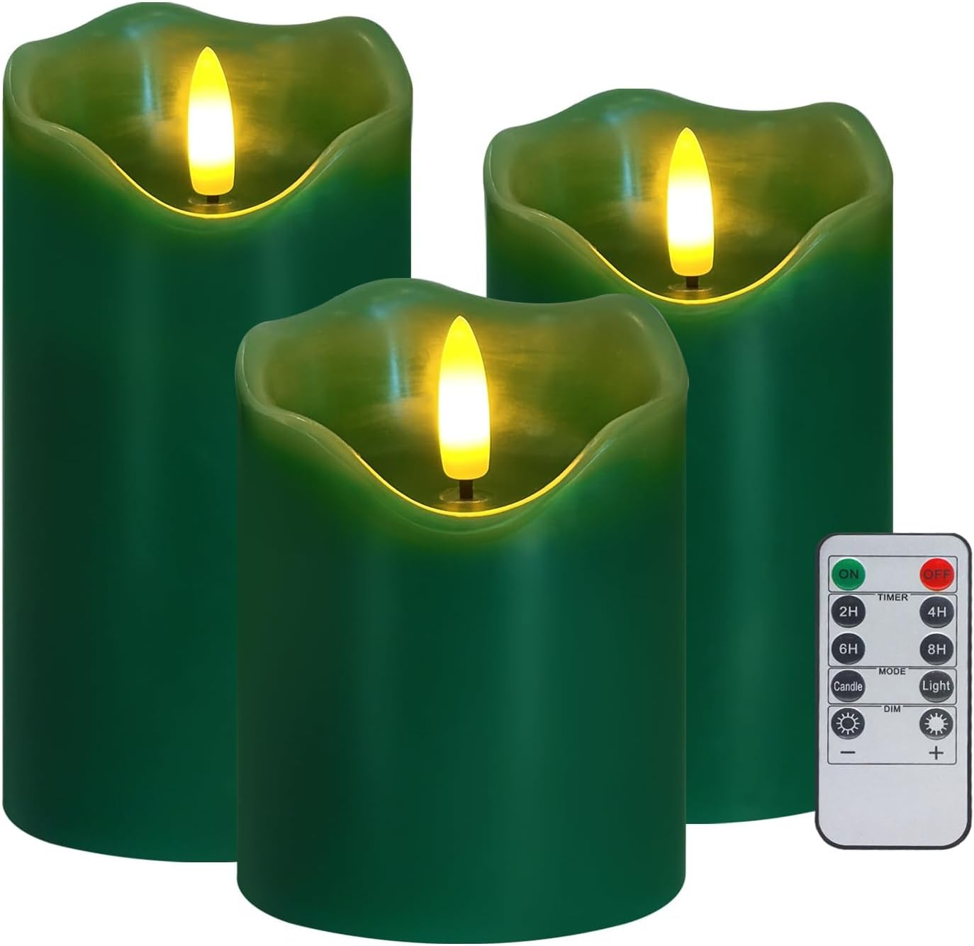 Flameless Candles Lights, Set of 3 Orange Flickering LED Candles with Remote & Timer, Dimmable LED Pillar Candles Battery Operated, Electric Candles for Fall Halloween Thanksgiving Decor (Green)