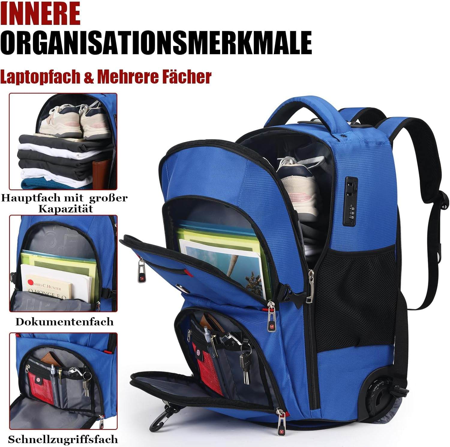 Extra Large Rolling Backpack with Wheels - Water-Resistant, 18" Laptop Compartment, 22.5"X15"X10", 55L Capacity, Ideal Carry-On for Weekend Travel, College, Work - Wheeled Business Backpack for Adults image number 6