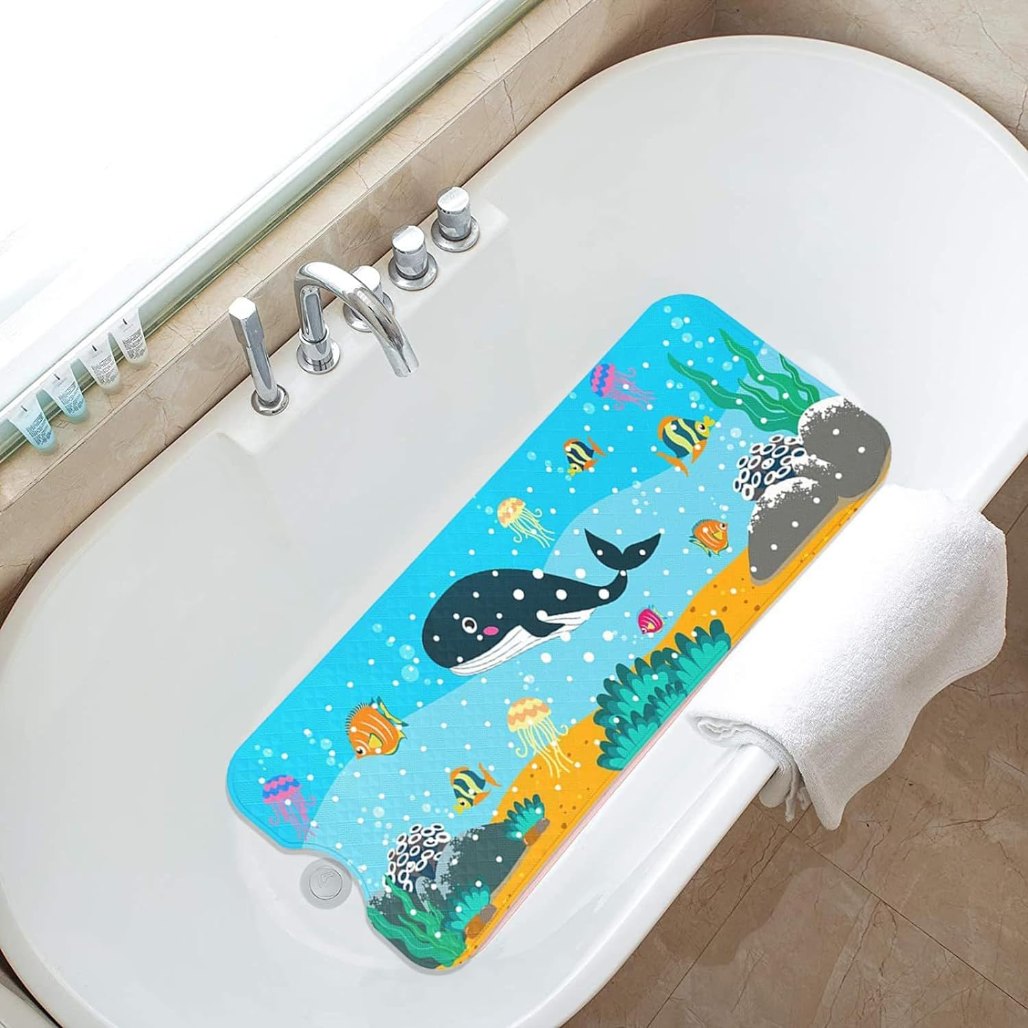 Make Bath Time Safe and Fun with Our Non-Slip Bath Mat for Kids, anti Slip Bathroom Toddler Shower Mat, Bath Mats with Suction Cups & Drain Holes, Machine Washable - Sea World Design image number 2