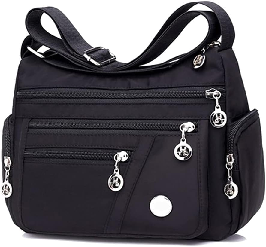 Women'S Casual Multi-Pocket Shoulder Bag, Larger Capacity, Waterproof Nylon Shoulder Bag, Handbag for Shopping, Daily Use,Black