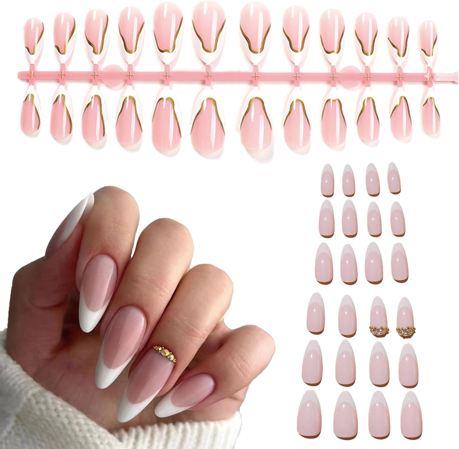 Press on Nails, 48Pcs Acrylic French Full Cover False in Nude Color Two Styles of Almond Fake Nails for Women and Girls, Ideal for Daily Decoration and Easy DIY image number 5