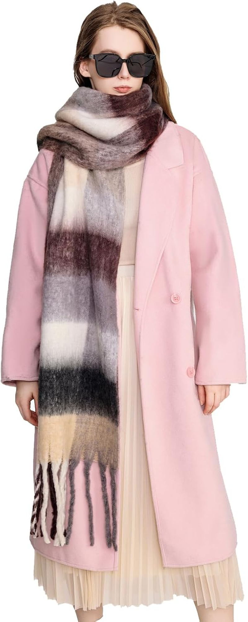 Young_Me Women'S Cashmere Big Coloured Checked Scarf Winter Warm Wrap Scarf - Multicolor2 image number 7