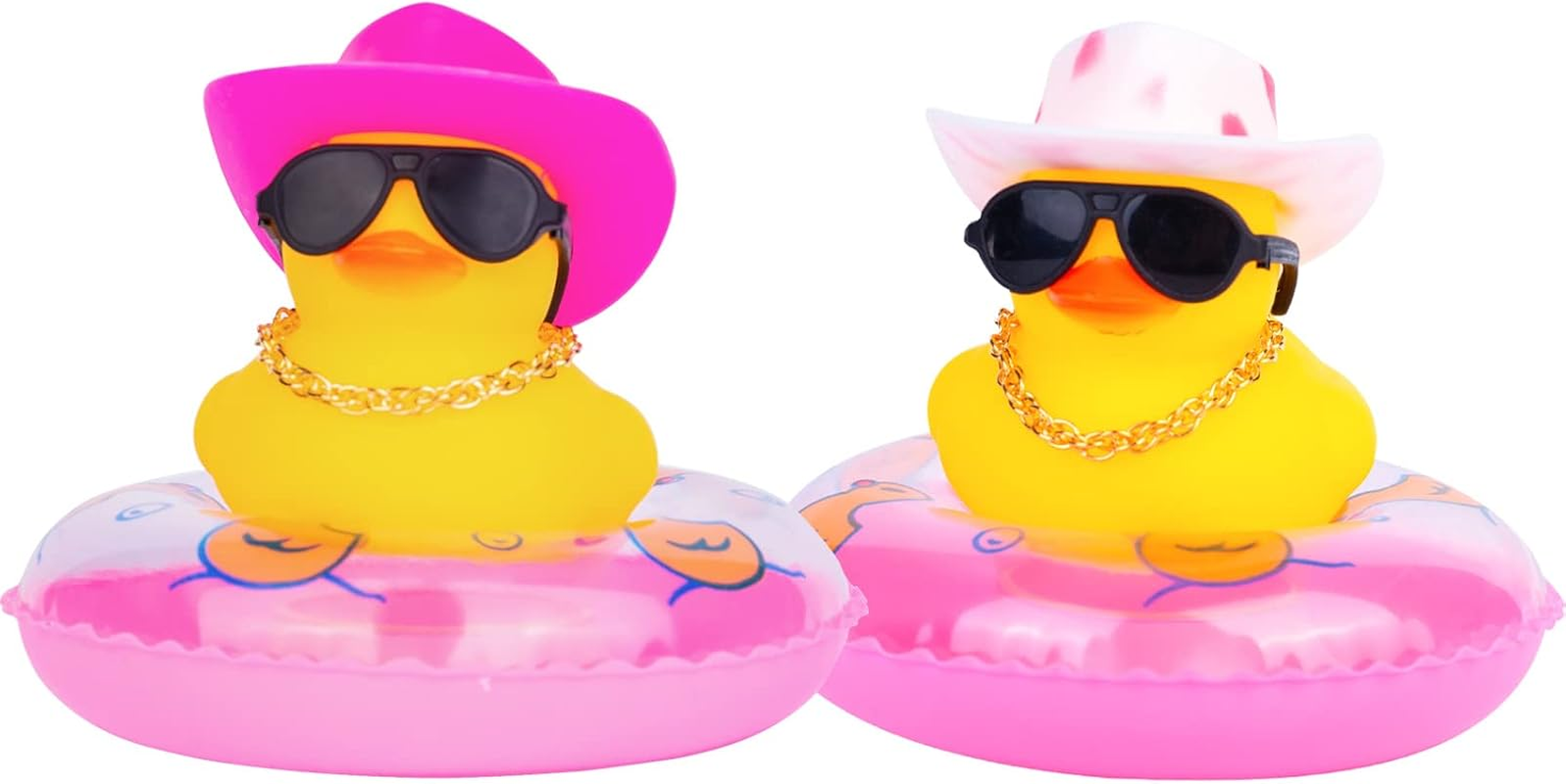 Car Rubber Duck 2Pcs Dashboard Decorations Yellow Duck Ornaments with Mini Swim Ring Sun Hat Necklace and Sunglasses image number 6