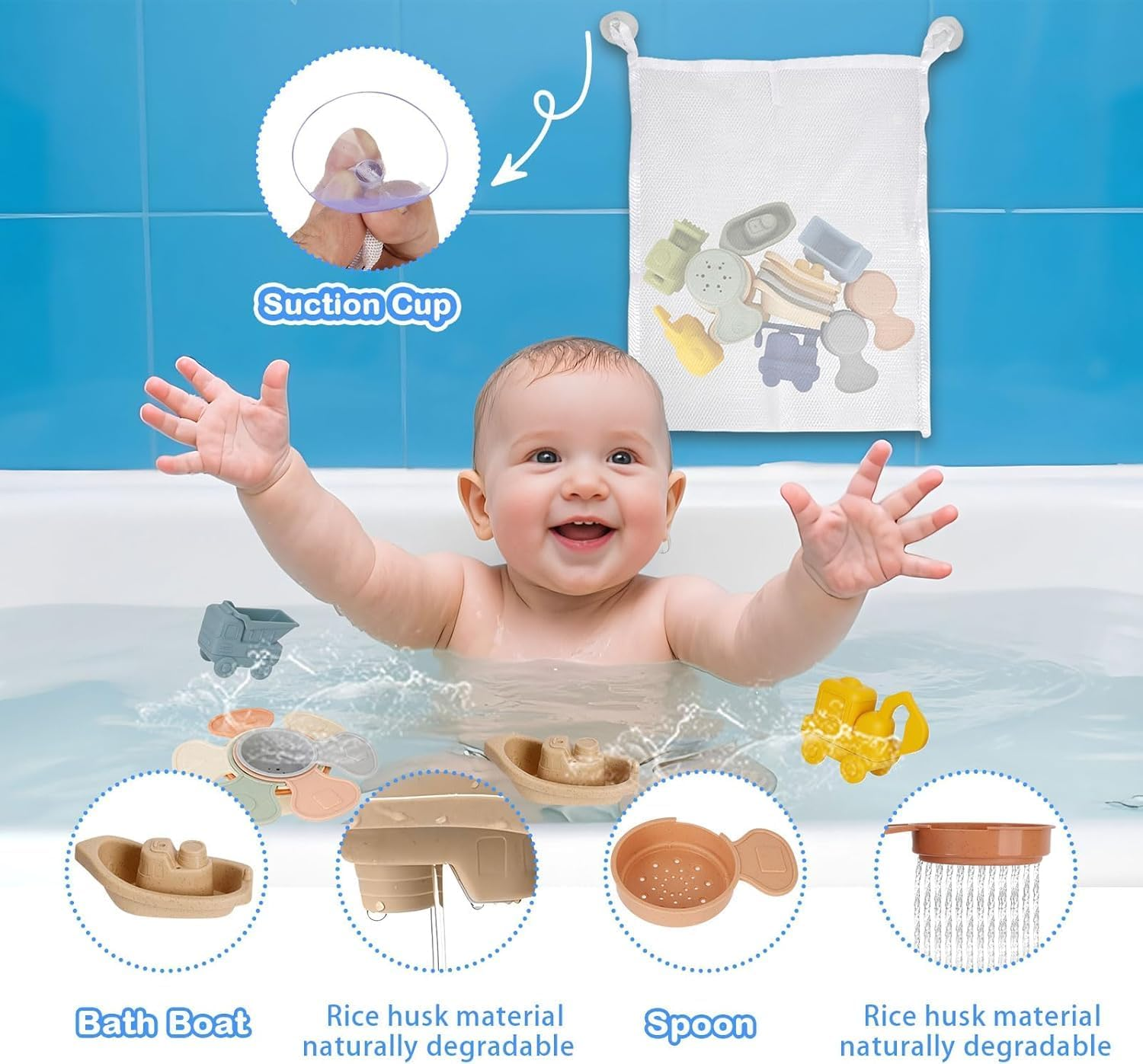 Silicone Baby Bath Toys, 15 Pcs Infant Squirty Bathtub Toys, Floating Bath Toys with Bath Boats/ Stacking Cups/ Car Water Spray Toys/ Storage Bag for 1 2 3 4 Boys Girls Kids image number 4
