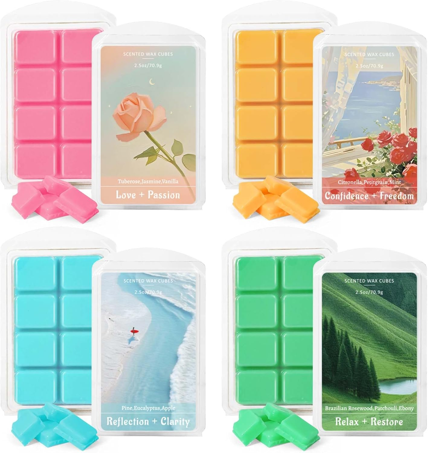Scented Wax Melts, Wax Melts Wax Cubes, Soy Wax Cubes for Warmer, Wax Melts Set, Ocean Breeze, Fresh Linen, Bohemia Forest, Winds in Summer (4 X 2.5Oz)
