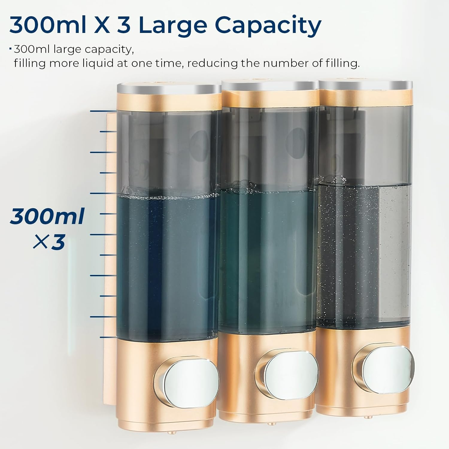 Pollock Shampoo Conditioner Dispenser Shower Soap Dispenser 3 Chamber No Drill Shampoo Dispenser for Shower Wall Mounted Shampoo Conditioner Body Wash Dispenser for Bathroom Hotel Gold image number 3