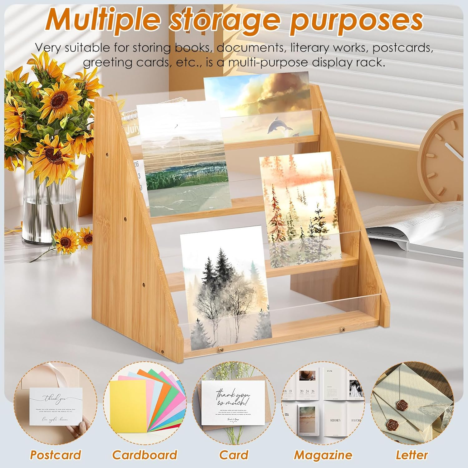 Card Display Stand,Postcard Display,Multifunctional Card Organizer,Easy to Install Greeting Card,Card Display Stand Greeting Card,Display 4 Bamboo and Acrylic Card,Stand Multifunctional image number 1