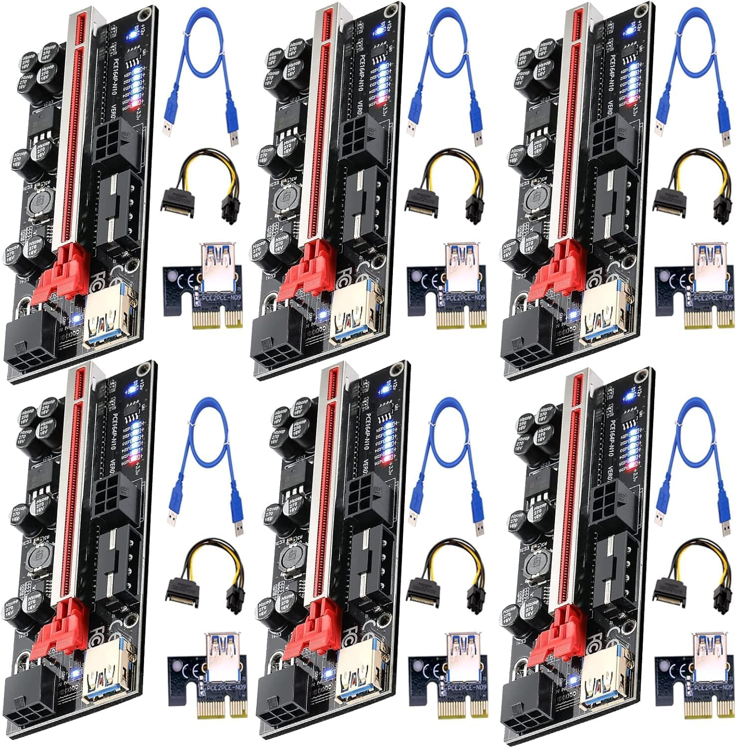 6 Pack Pcie Riser 1X to 16X, GPU Mining Card Powered Adapter VER010S PCI-E Extension Cable with LED & Triple Power Supply - Extender for ETH Mining image number 4