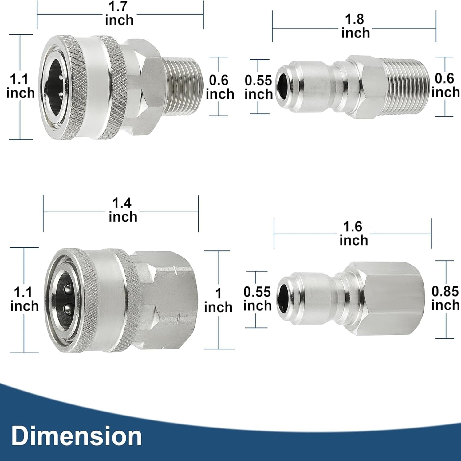 4 Pcs Pressure Washer Adapter Set, 3/8 Inch Pressure Washer Fittings, Pressurewasher Quick Connect Adapter Kit, Stainless NPT Female and Male Thread image number 6