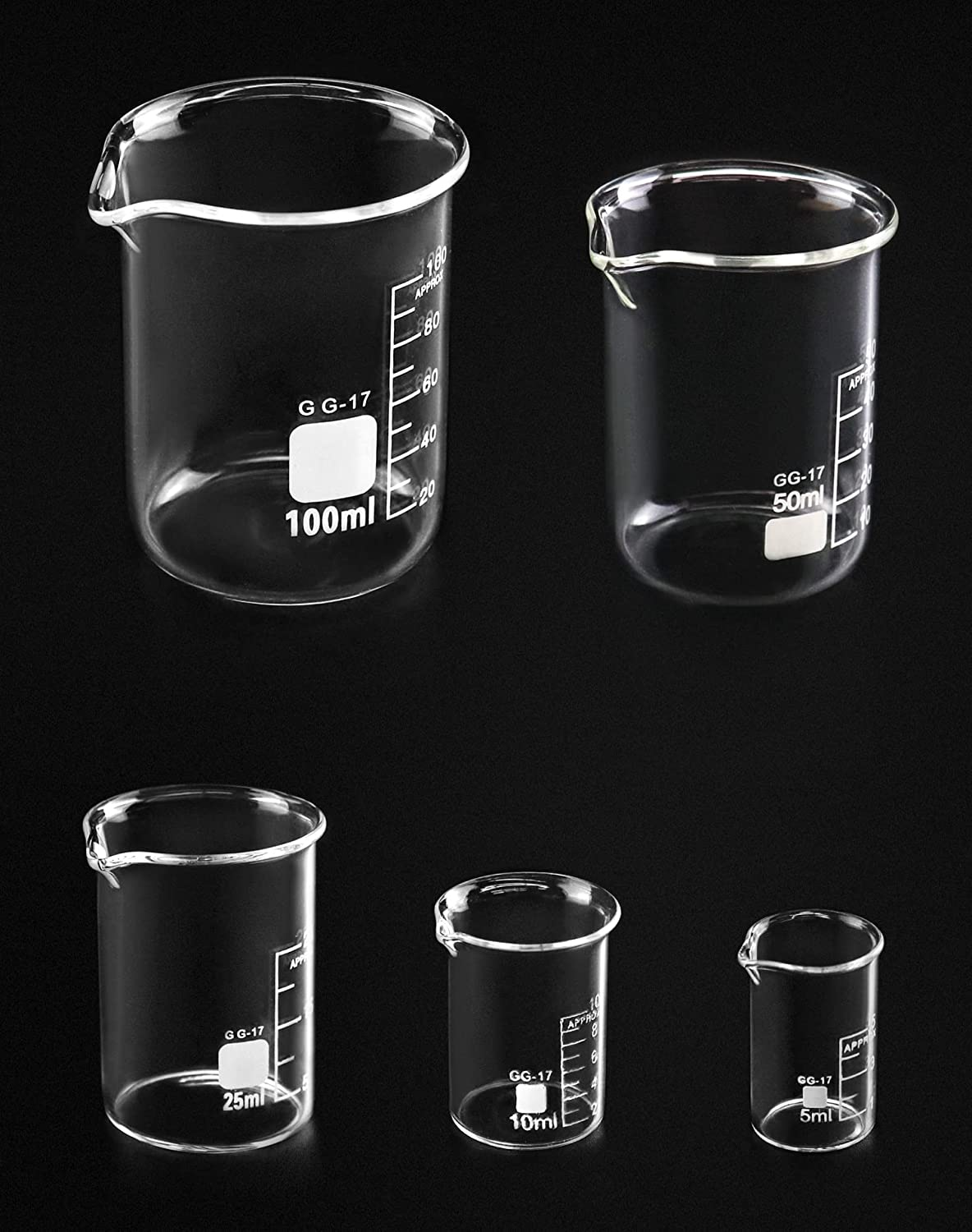 QWORK 5 Pcs Graduated Borosilicate Glass Beaker 5Ml 10Ml 25Ml 50Ml 100Ml Set for Science Lab Kitchen image number 2