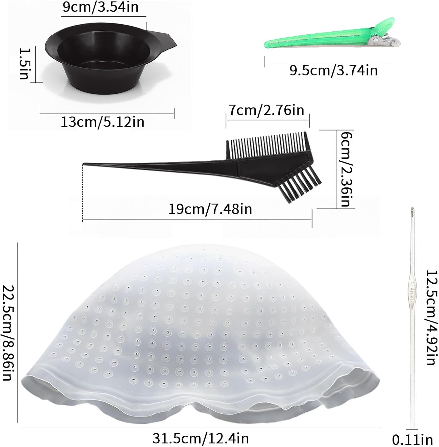 DBAILY Highlight Cap, 12 Pieces Hair Dye Set, Highlight Hood with Already Punched Holes, Reusable Strands Hood with Brush Comb, Hair Dye Bowl, Colouring Brush, Ear Cover, Hair Clips image number 2