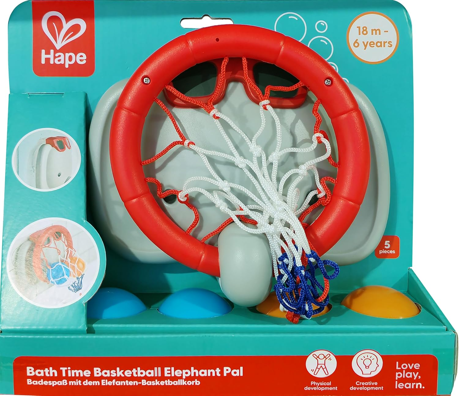 Hape Bath Time Basketball Elephant Pal | Bathtub Basketball Game for Kids | Suction Cup Hoop & 4 Floating Balls | Water Play Toy for Toddlers 18M+ | Bath Toys for Boys & Girls