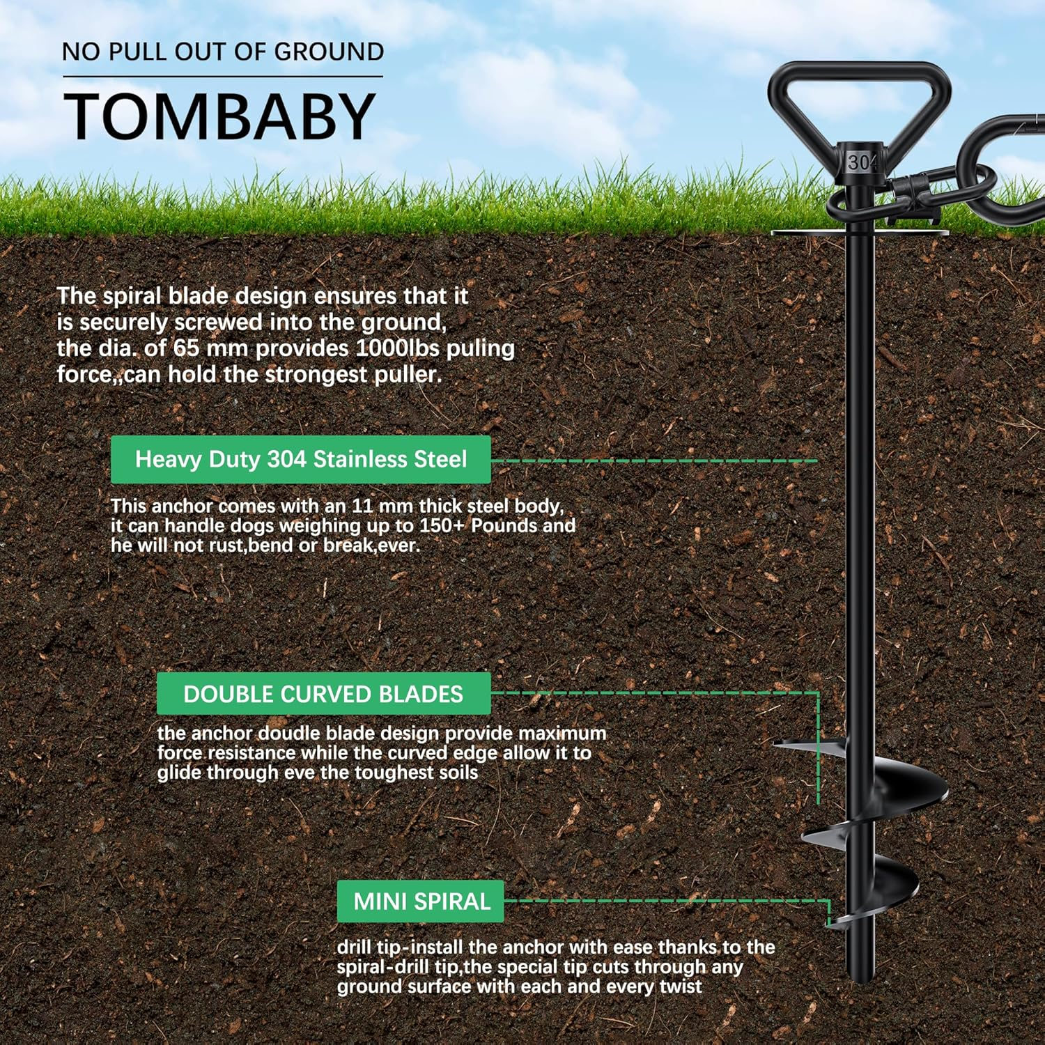 TOMBABY Heavy Duty Dog Stake - Tie Out Anchor for Dogs up to 200 Lbs, 360&deg; Swivel for Beach, Camping, Yard | Use with Any Tie Out Cable image number 2