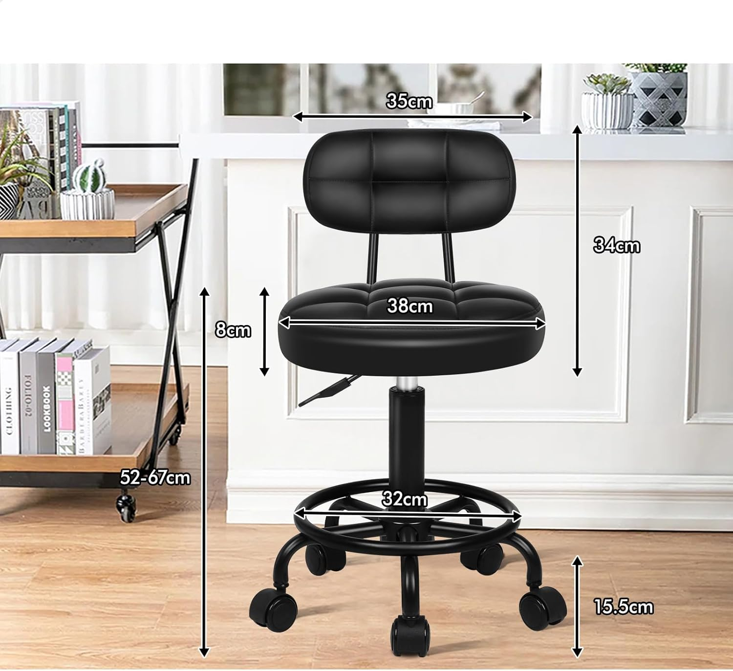ALFORDSON round Salon Stool PU Leather Upholstery with Backrest, Adjustable Drafting Rolling Stools in 52-67Cm Height, Swivel Spa Chair with Footrest for Hair Barber Massage Table(Riley All Black) - Riley All Black image number 5
