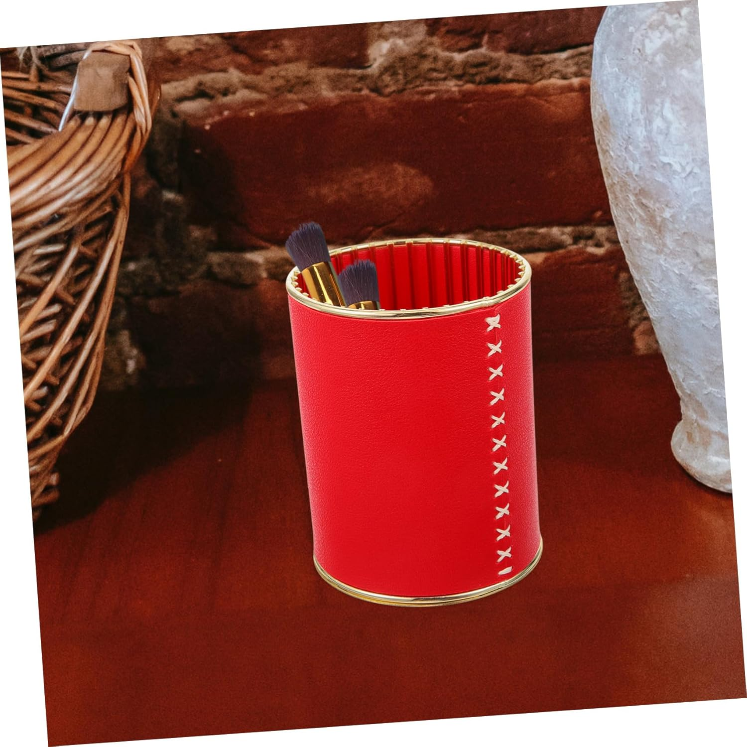 SECFOU Stylish Makeup Brush Storage Tube Desk Organizer Storage Box Leather Pen Holder image number 1