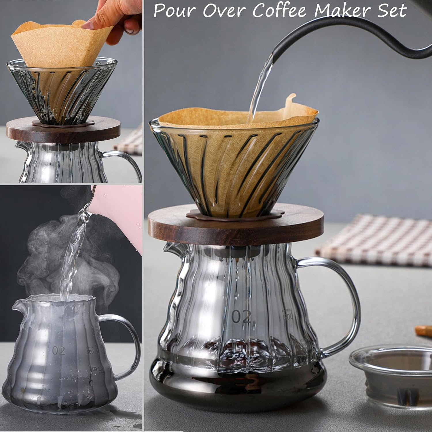 Qiccijoo Pour over Coffee Maker Set,Drip Coffee Maker with 100 Pcs V01 Paper Filter,20 Oz Borosilicate Glass Carafe,Portable Coffee Dripper Brewer for Home Cafe Restaurant Camping, 600Ml