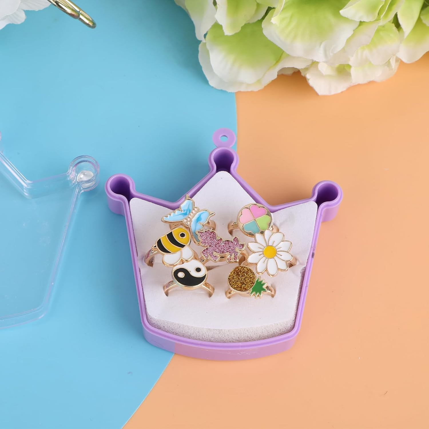 Mjartoria 7Pcs Fidget Rings for Anxiety, Shell Butterfly Unicorn Flower Stainless Steel Spinner Ring Set for Teen Girls Mood Rings Stress Relieving Wide Rings Set - Blue image number 4