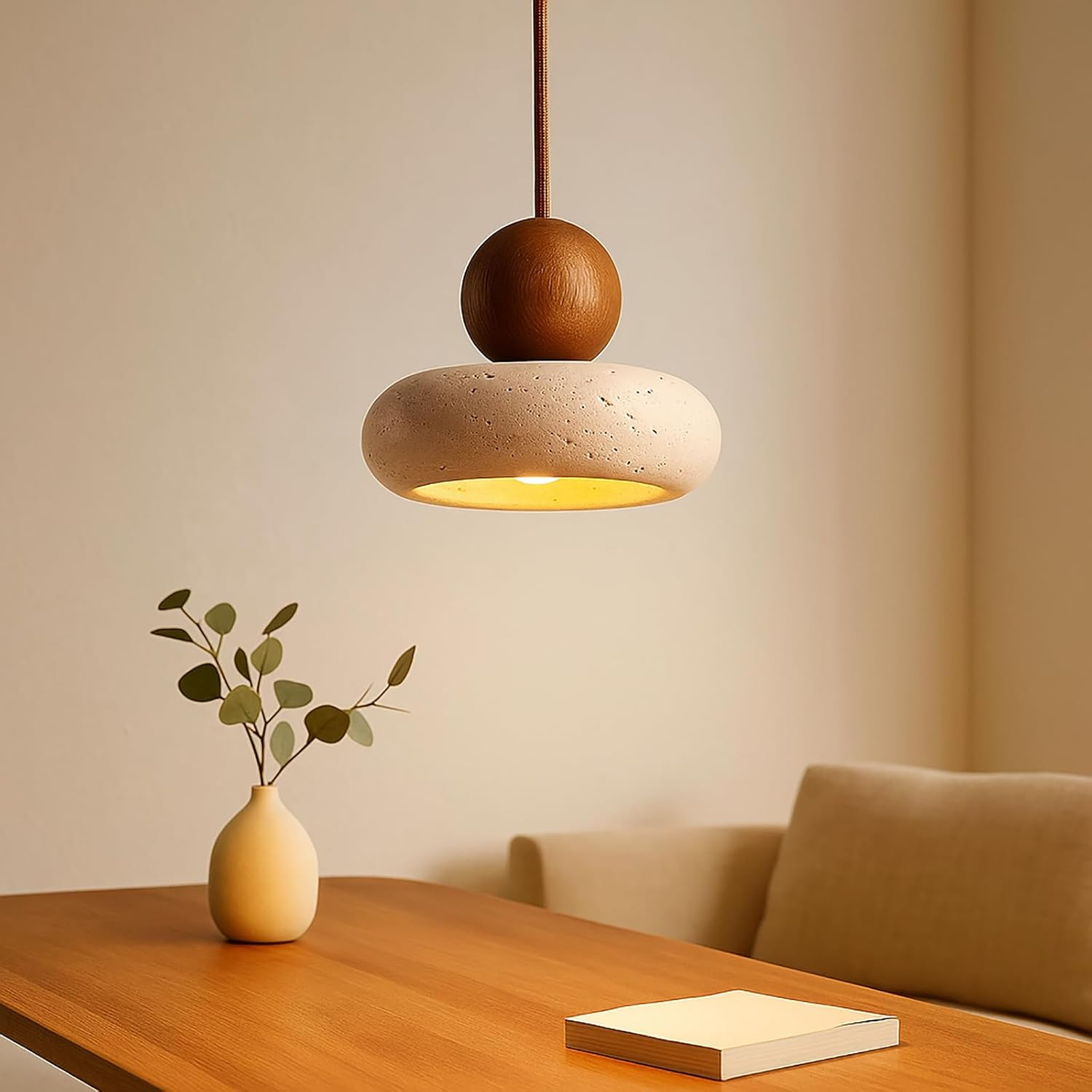 Natural Yellow Travertine Pendant Light, Style LED Ceiling Lamp 3000K for Bedroom, Kitchen Island, Dining Room, Interior Lighting Fixture (A,20Cm)