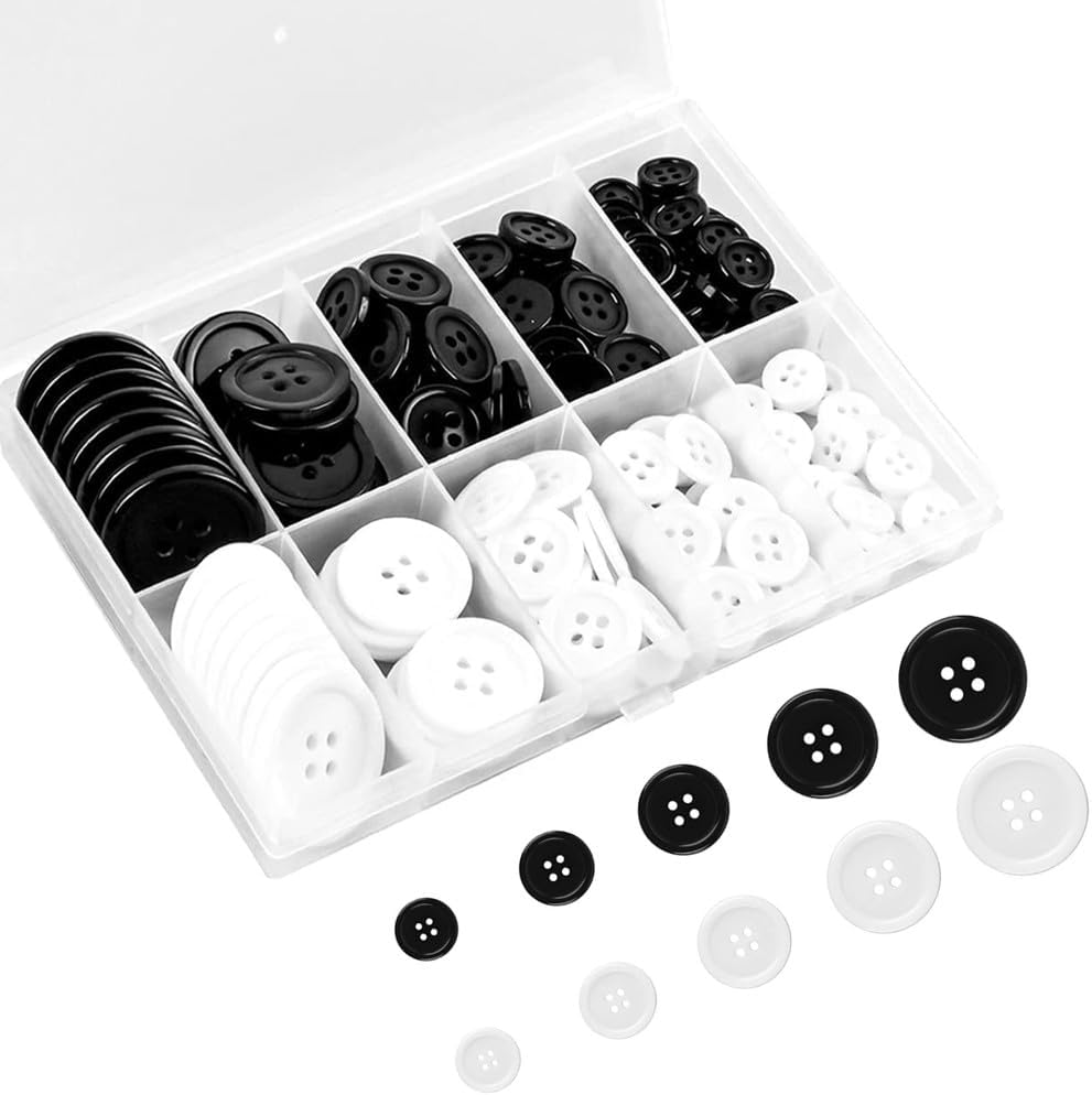 Kastetards 160 Pcs round Sewing Buttons,Black and White Round-Sewn Buttons, Five Sizes,1 Independent Compartment Storage Box, DIY Craft, Suitable for Shirts, Overcoats, Trousers, Clothing Craft image number 6