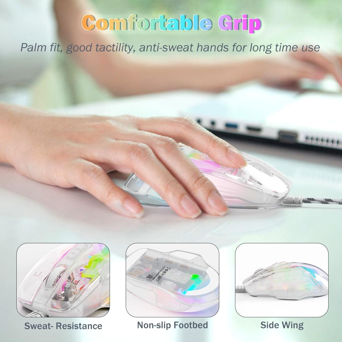 Transparent Wired PC Mouse, Customizable RGB Backlit, USB Optical Office Mice with Side Button, Adjustable DPI up To12800 High Precision, Comfortable Grip for Computer/Laptop/Mac image number 5