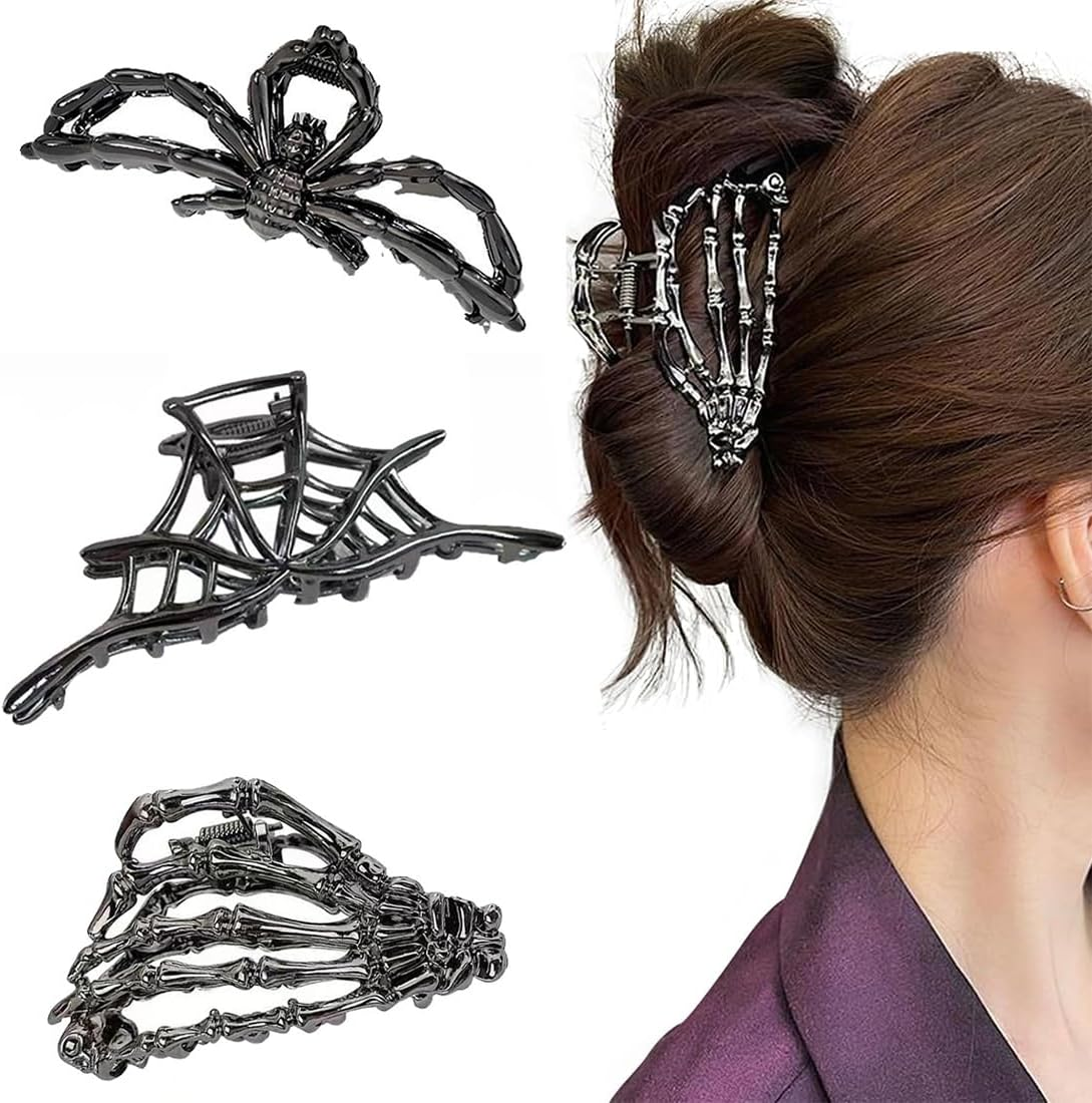 Pack of 3 Stylish Spider Web Metal Hair Clips, Halloween Accessories in Gothic and Y2K Style, Skeleton Hand Spider Web Design, Decorative Large Claw Clip for Everyday Use image number 1