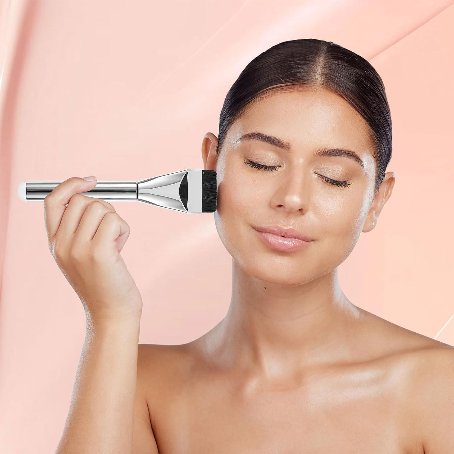 Pack of 2 Flat Foundation Brushes, Ultra Thin Makeup Brush for Liquid Foundation Silver Soft Brush Portable Makeup Face Brush Tool for Salon Home Travel image number 3