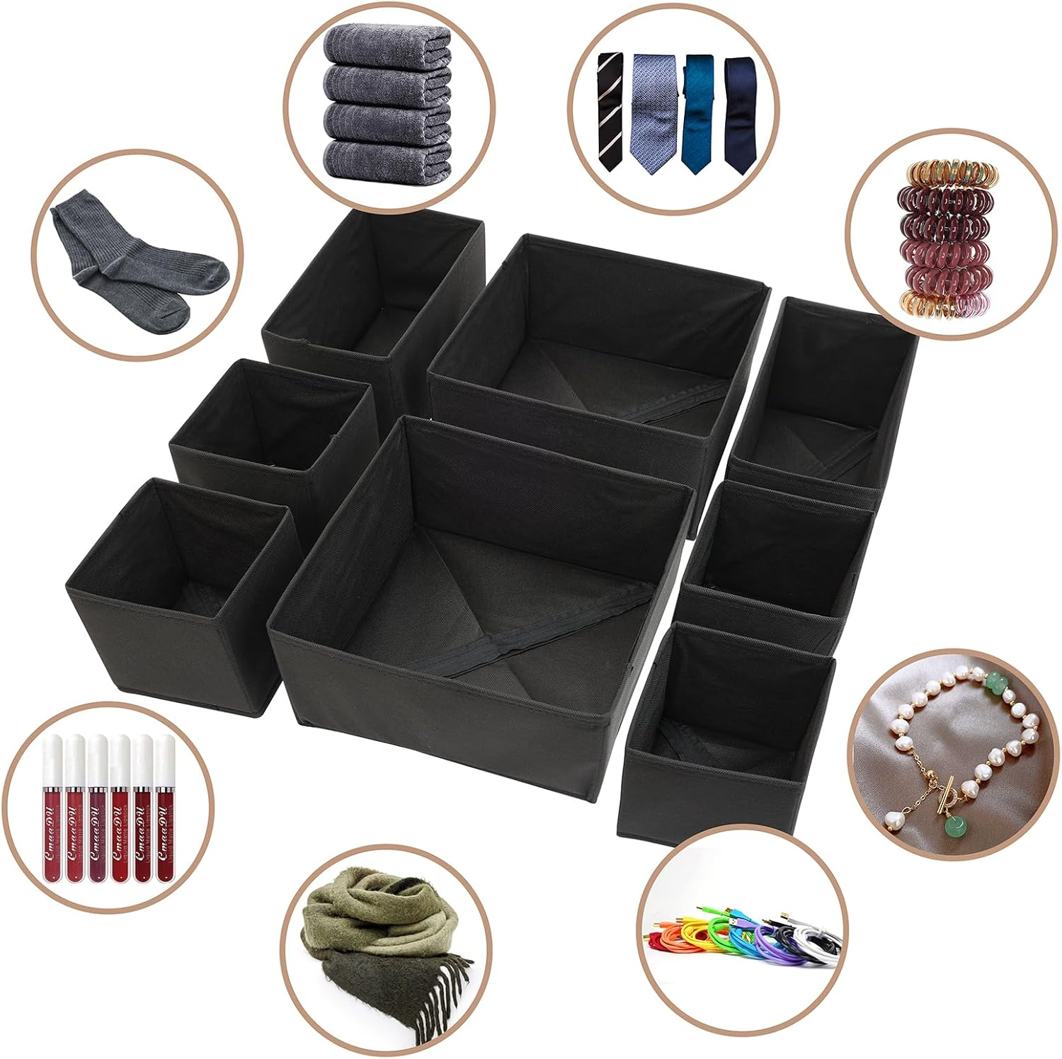 Okam Clothes Drawer Organiser Set of 8 - Underwear/Bra/Sock Organiser with Bonus Shoe Bag - Versatile Organisers for Drawers - Tidy Storage Solution for Bedroom - Foldable Design - Black