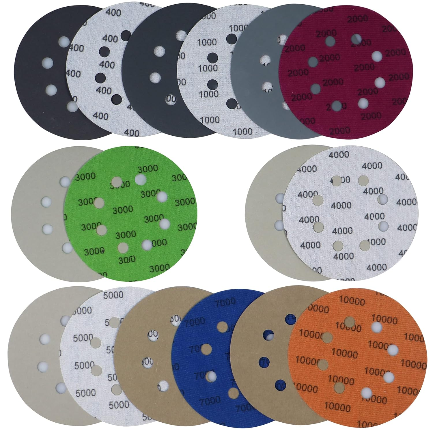 Freletry 5 Inch 8 Hole 24 PCS #400-#10000 Sanding Discs 400/1000/2000/3000/4000/5000/7000/10000 Grit Compatible for Random Orbital Sander (24 PCS #400-#10000 Grit) image number 3