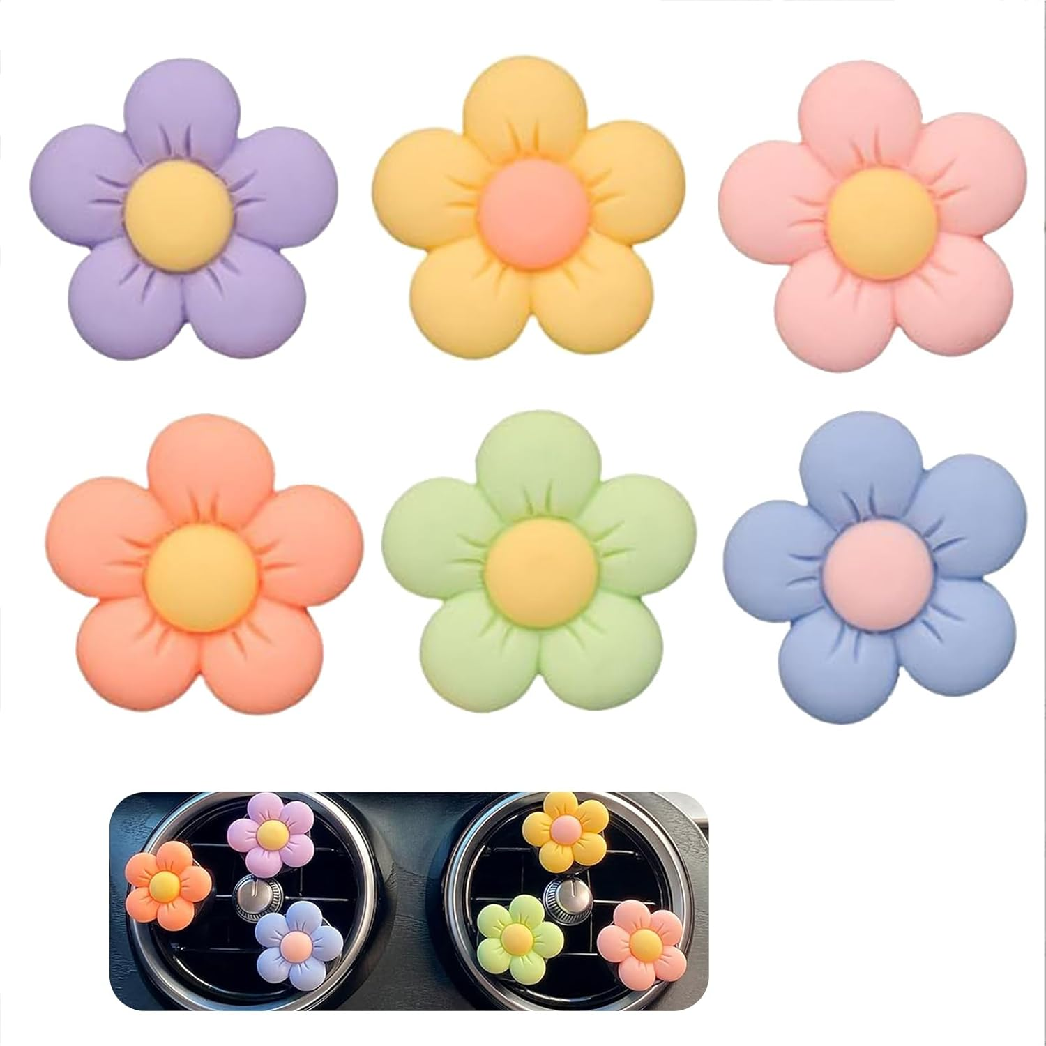 6 Pack Daisy Flower Car Air Vent Clips - Cute & Vibrant Vent Decor Accessories, Universal Fit for Most Vehicles, Easy Clip-On Design image number 3