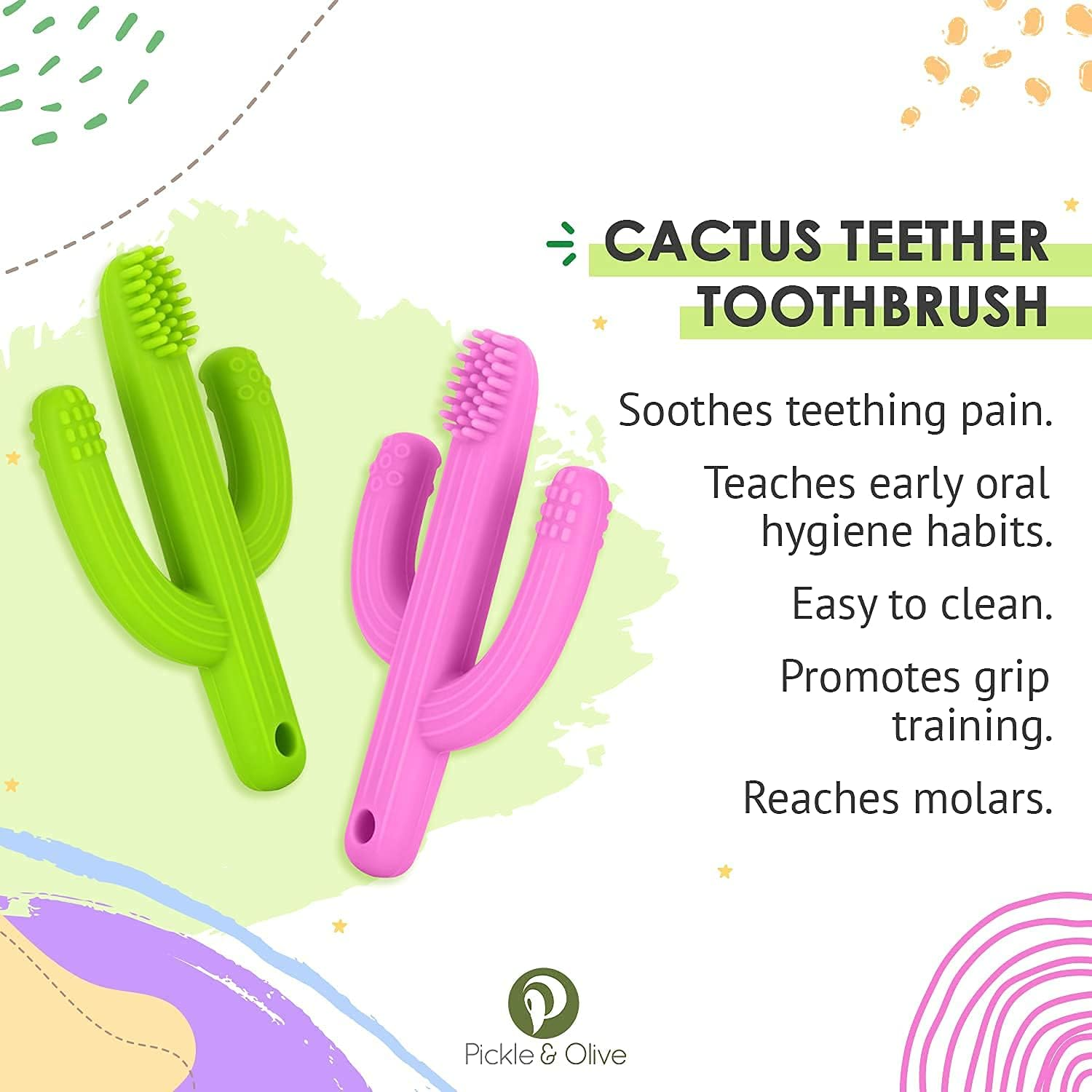 Pickle & Olive Baby Cactus Teether Toy- Infant Training Toothbrush, with Soother/Binky/Pacifier/Dummy Chain Holder/Strap (Pink)