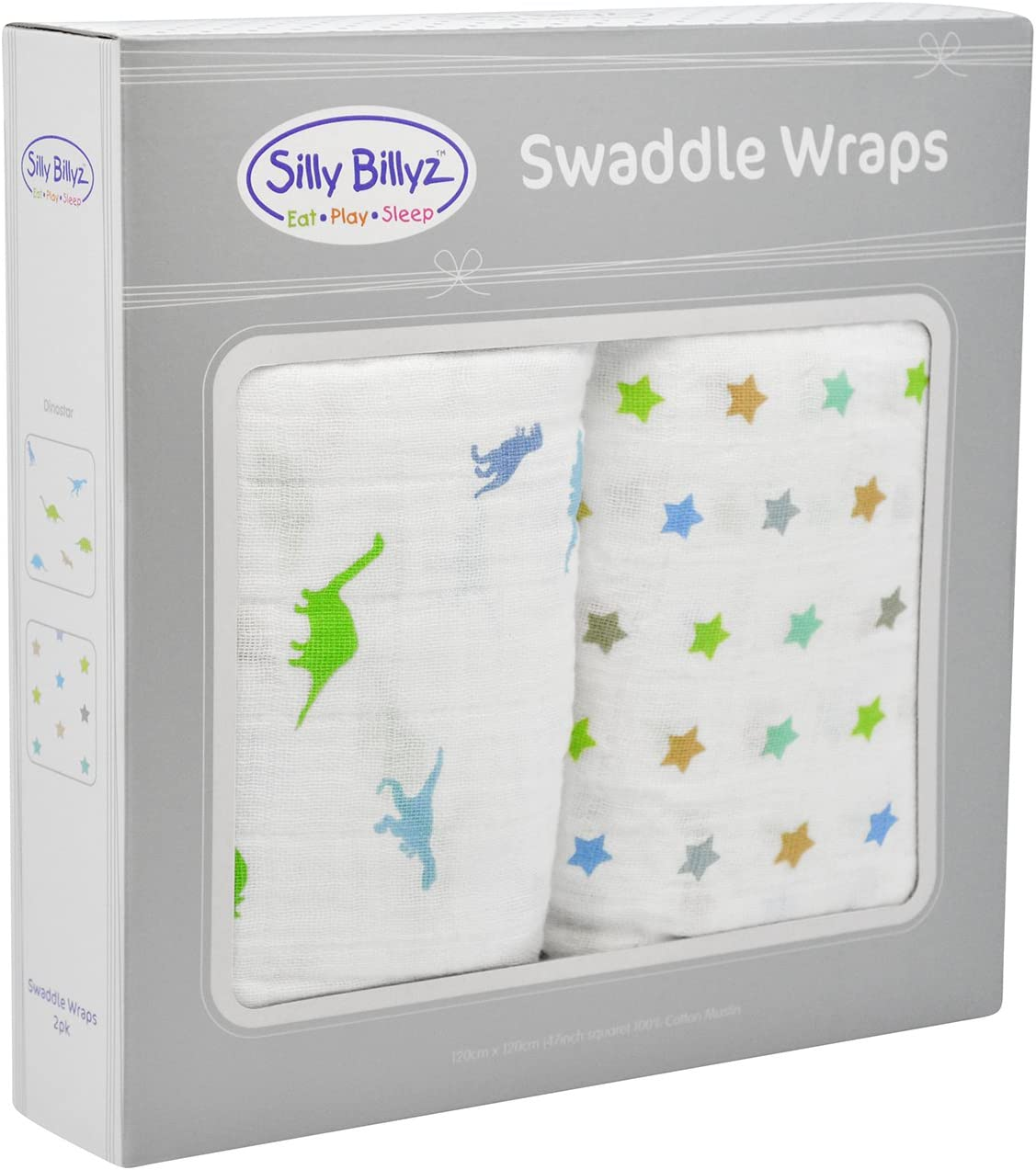 SILLY BILLYZ Muslin Swaddle Wrap, Set Dinostar, White, Pack of 2 image number 1