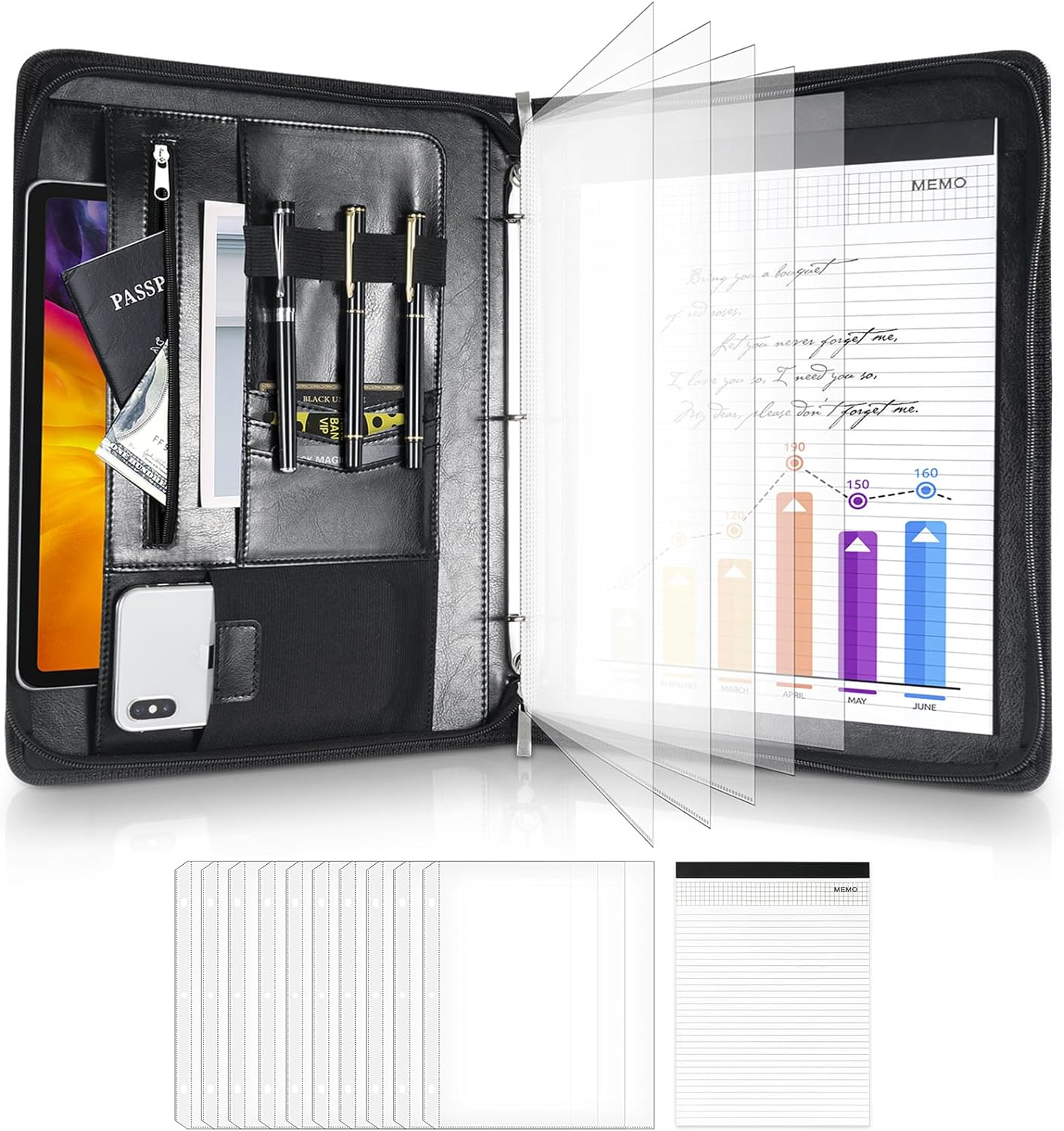 Procase Portfolio 3-Ring Padfolio Folder Organizer, PU Leather Business Planner A4 Notepad Zipper File Binder Clipboard Removable Document Sleeve for Resume Interview Meeting -Black image number 1