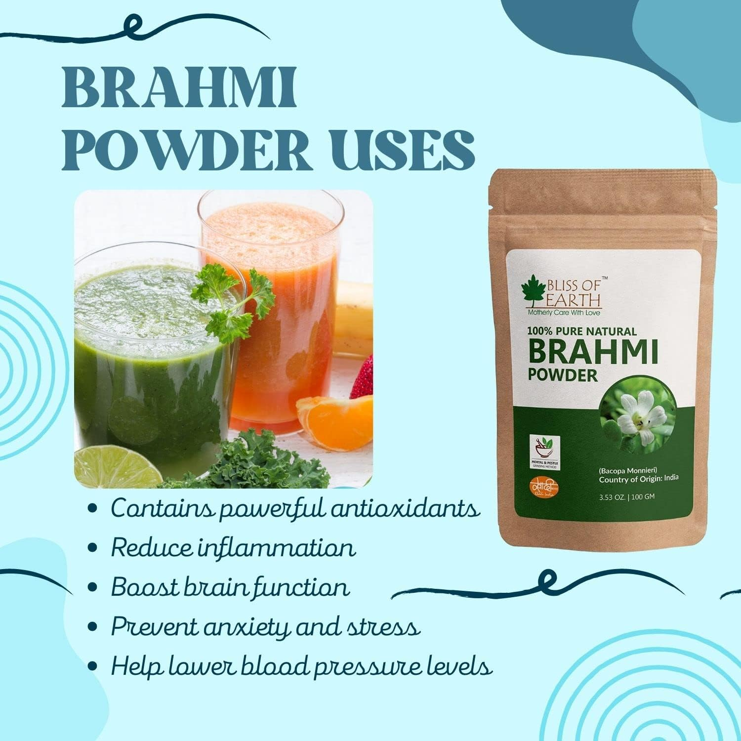 Bliss of Earth & Natural Brahmi Powder, 100GM image number 1