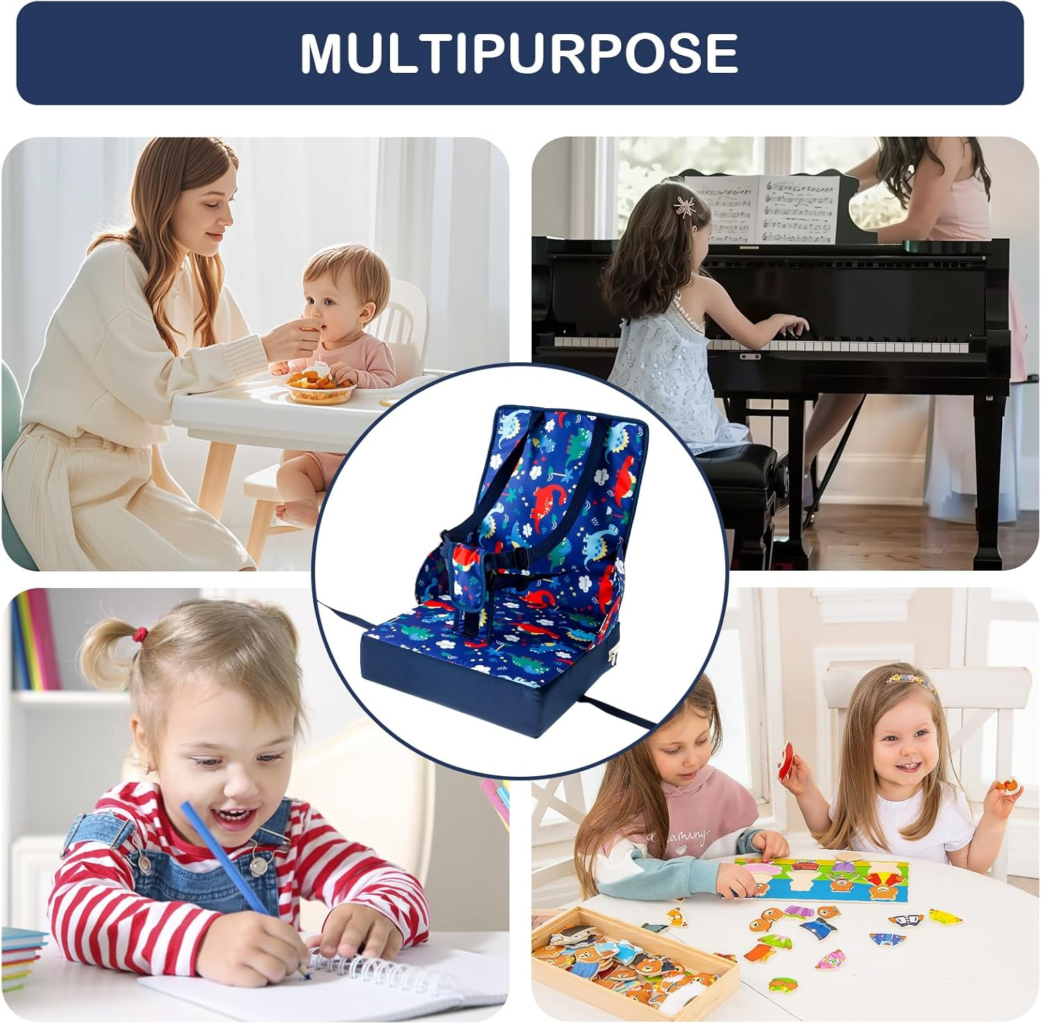 Fwqofvk Toddler Booster Seat Chair, with 3 Point Buckle Safety Protection, Thickened Heightening Cushion, Kids Booster Cushion Easy to Clean for Dining 32 X 32 X 7.5Cm (Style 1)