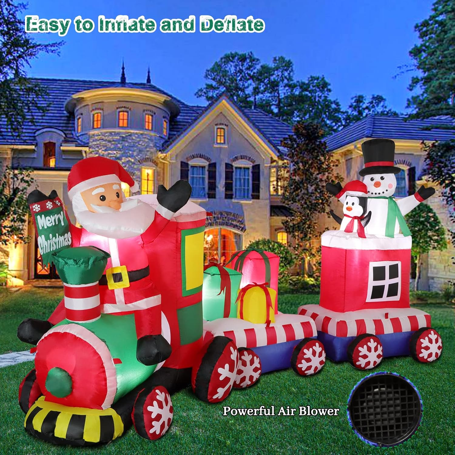 8 FT Christmas Inflatable Train with Santa Claus, Snowman, Penguin, Gift Boxes, Blow up Yard Decorations with Built-In Lights, Lovely Xmas Train Carriage for Holiday Display Lawn Garden Party Decor image number 1