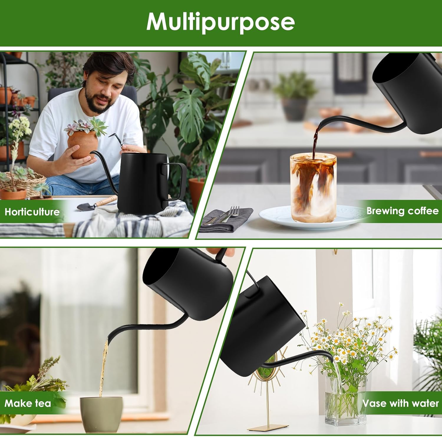 Fwqofvk 12Oz/350Ml Small Watering Can, 304 Stainless Steel Plant Watering Can with Ergonomic Handle, Rustproof Watering Pot for Indoor Plants (Black)