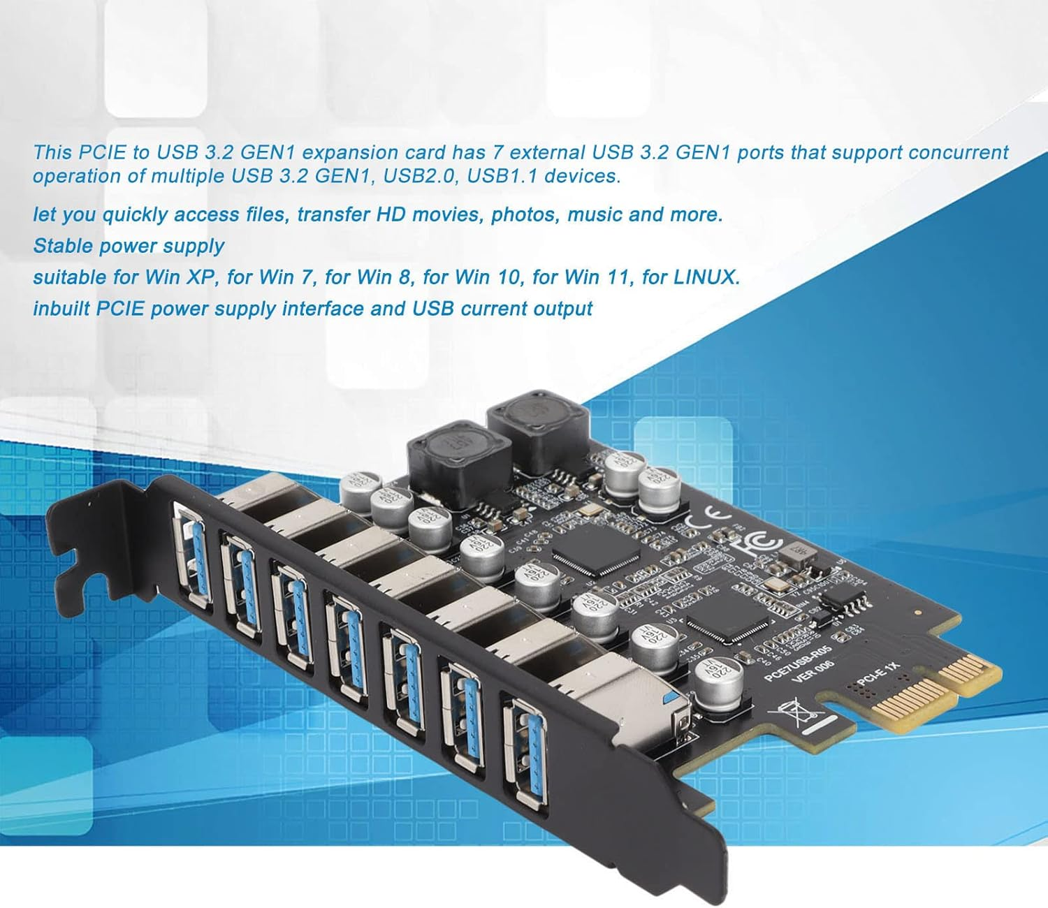 7 Port PCI Express Expansion Card, USB 3.2 GEN1 5Gbps 7 Port Front Expansion Card, for Win, for Linux image number 4