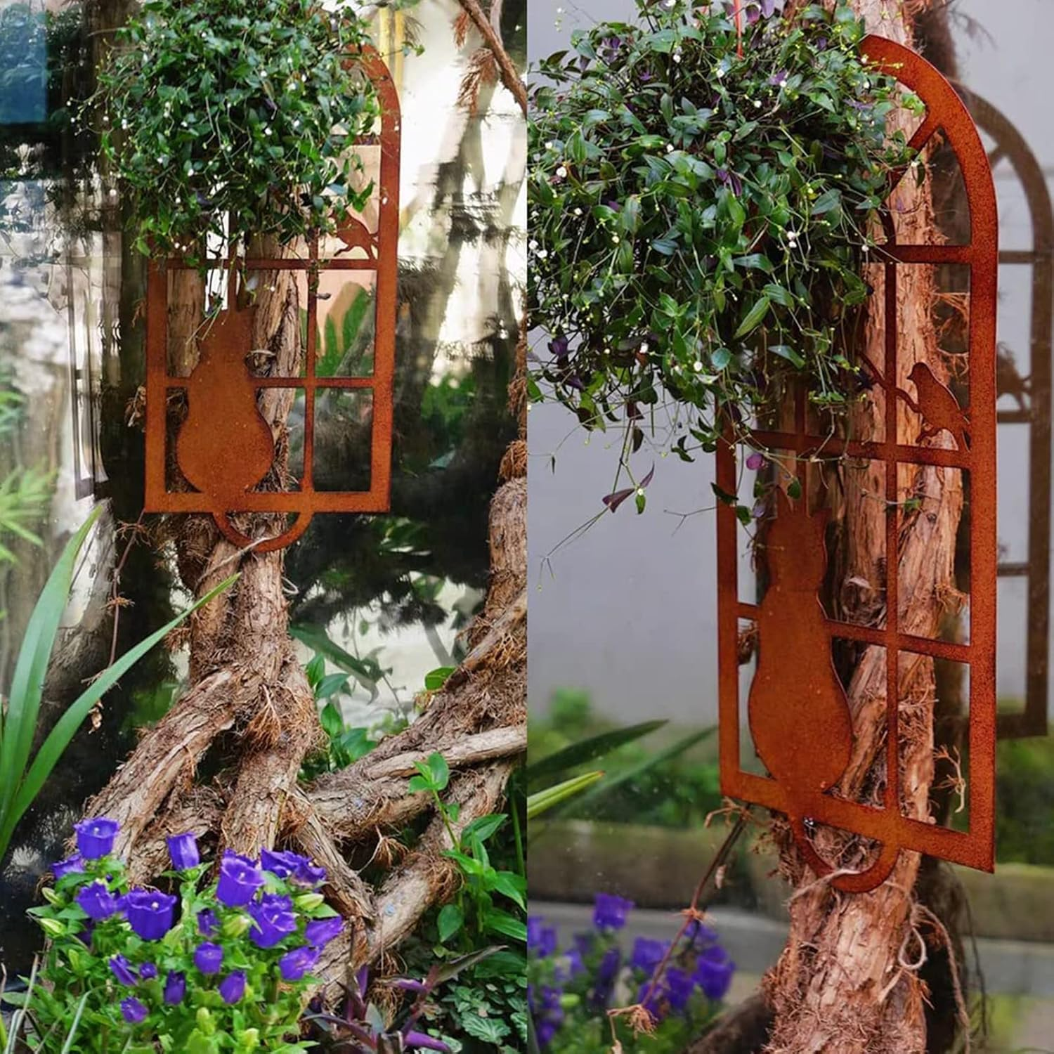 Cat Metal Wall Art Outdoor 22 Inch Bird and Cat Garden Distressed Window Statues, Metal Wall Decor with Frame, Iron Animal Garden Wall Ornament for Home Yard Front Door 56Cm image number 2