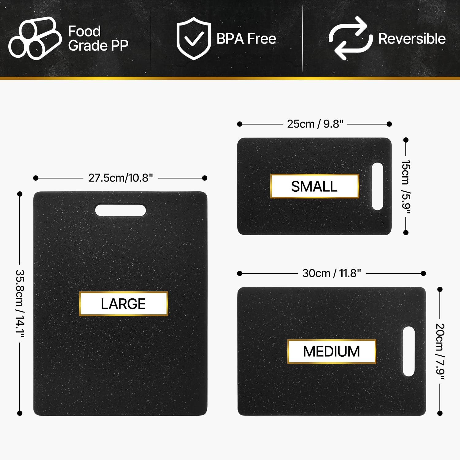 Sydroya Chopping Board Set, 3-Piece Non-Slip Cutting Boards for Kitchen, Easy Grip Handle Dishwasher Safe Chopping Board for Food Fruits Vegetables, Bpa-Free Plastic, Black image number 3