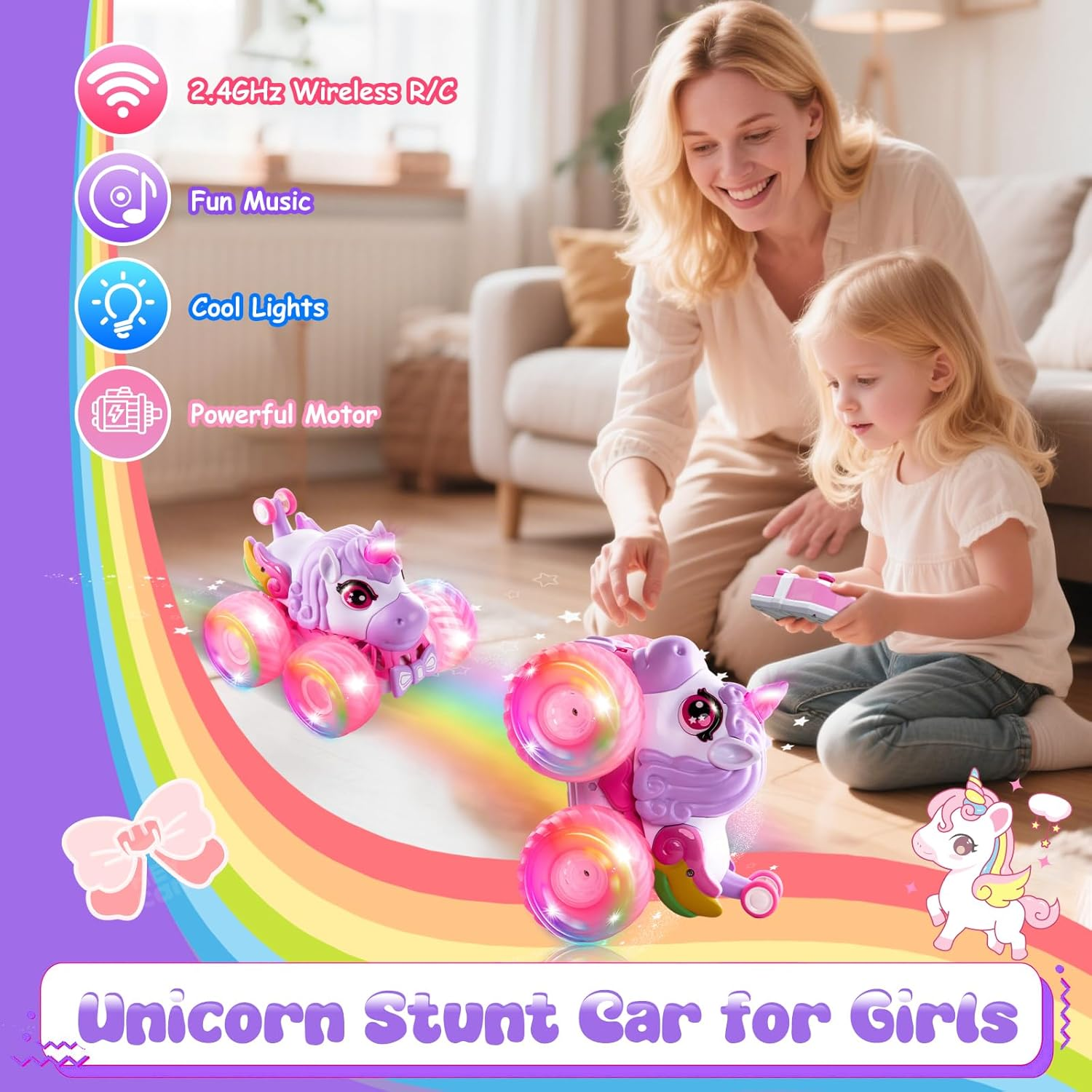Remote Control Car for Girls, Pink Unicorn Toys SUV 4WD Stunt Car with Music & LED Lights, Off-Road Tires, 2.4Ghz RC Toys Car All-Terrain RC Vehicle for Kids Girl Birthday Gifts Age 3 4 5 6 7 8 9 image number 6