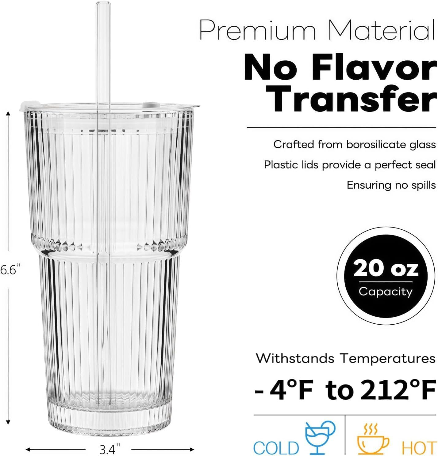 20 Oz Ribbed Glass Tumblers with Lids and Glass Straws- 4/2 Pack Ribbed Glass Iced Coffee Cup with Straw and Lid, Thicken Glasses, Ideal for Smoothieds, Cocktails, and Juices (4, 600 ML) (4, 600ML) image number 4