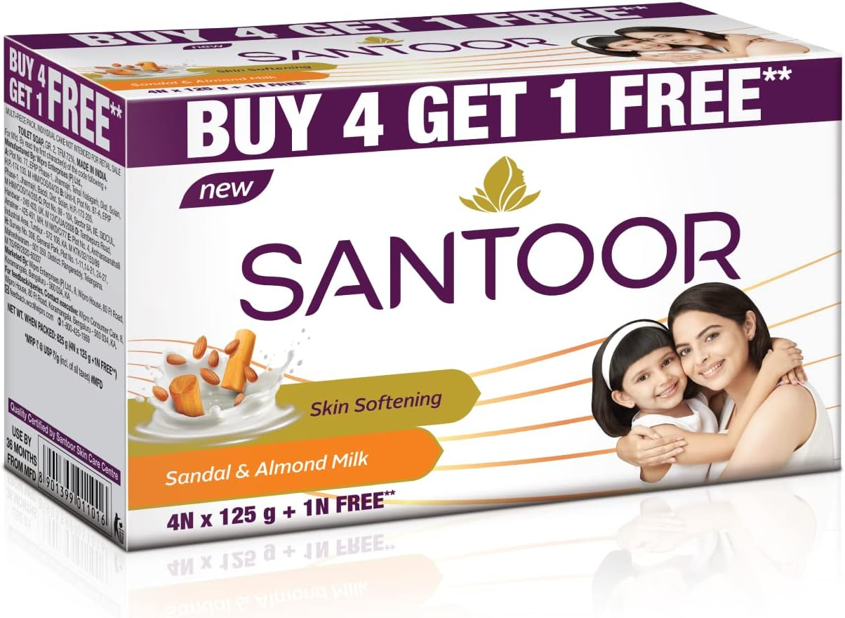 Santoor Sandal and Almond Milk Soap 125G (Pack of 5)(Free) image number 4
