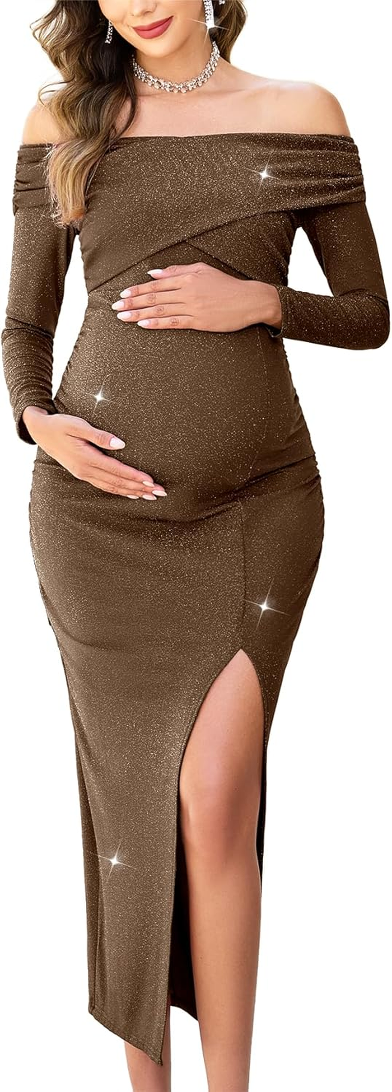 Off Shoulder Maternity Sparkly Split Dress Long Sleeve Fitted Pregnancy Dresses Semi Formal Baby Shower Photoshoot
