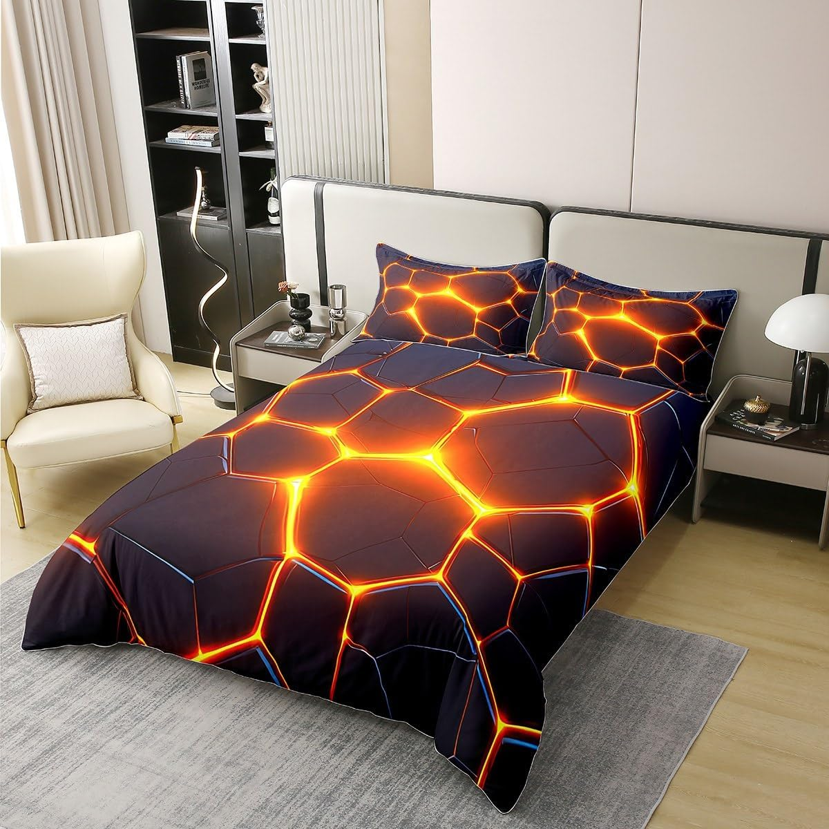 Neon Hexagon 100% Cotton Duvet Cover for Children, Geometry Print Comforter Cover 135 X 200, Black Beehive Bedding Set, Geometric Square Bed Linen Cover with 1 Pillowcase Lightweight image number 4