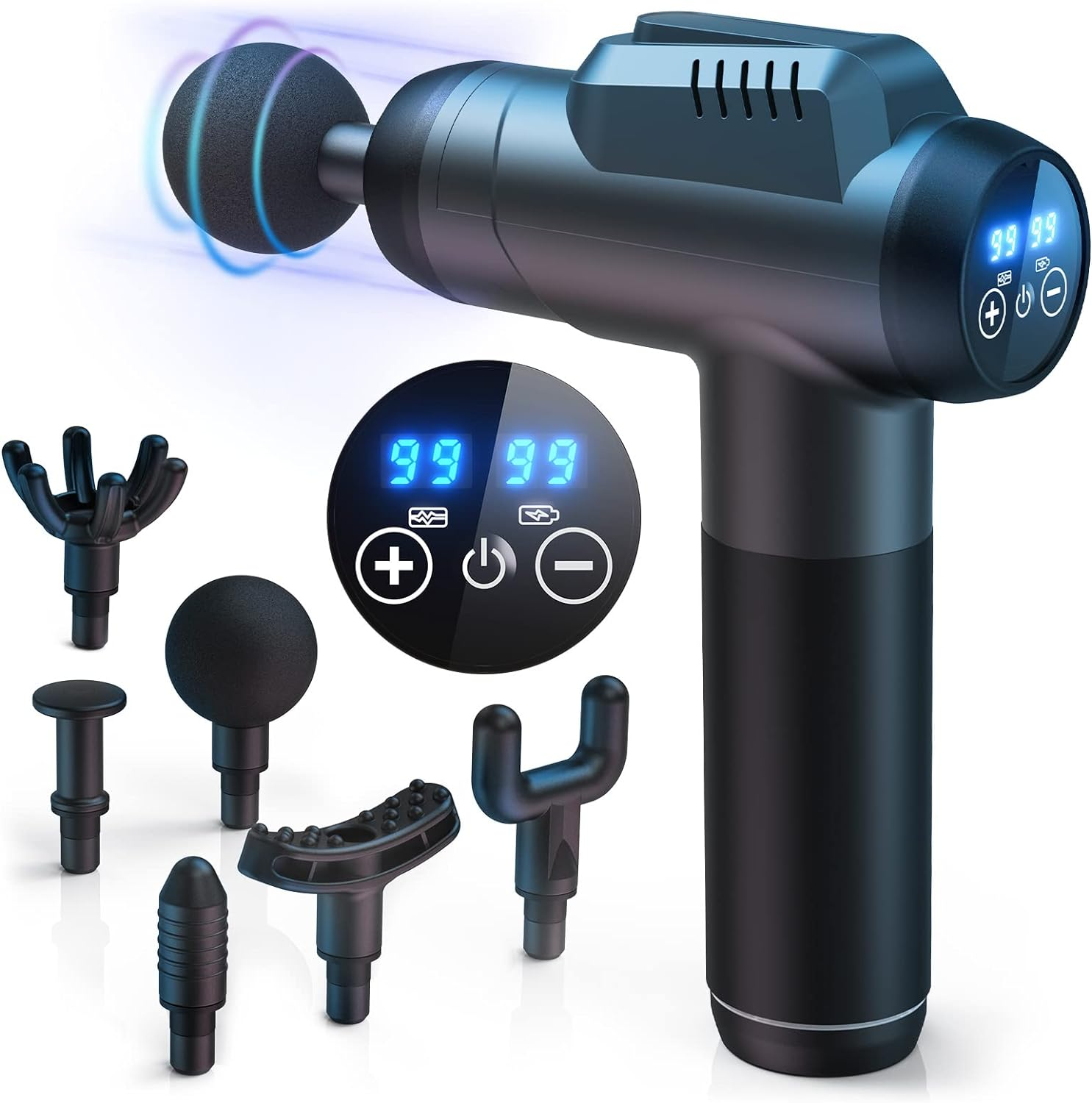 Massage Gun-Massage Gun Deep Tissue-Electric Handheld Massagers -6 Massage Heads-99 Adjustable Speeds-Hand Massager with LCD Display Screen Rechargeable for Muscle Pain Relief Recovery (Dark Gray)
